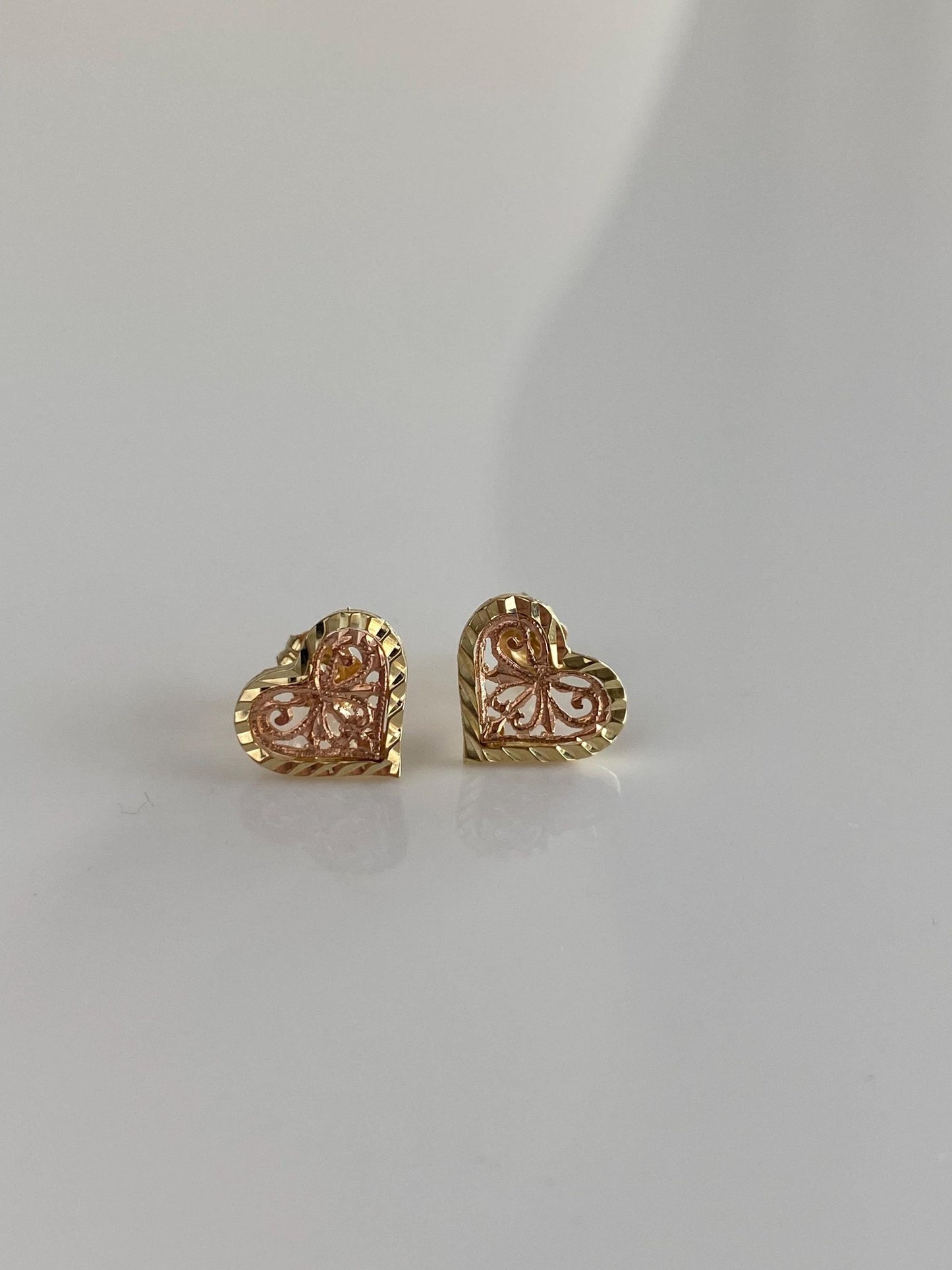 Vintage Solid 14k Rose & Yellow Gold Filigree Heart Stud Earrings