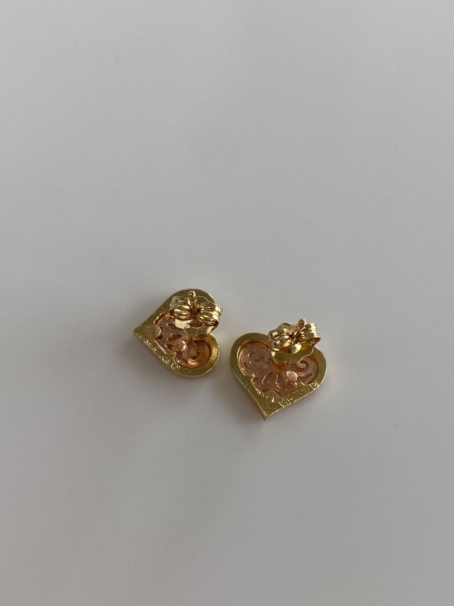 Vintage Solid 14k Rose & Yellow Gold Filigree Heart Stud Earrings