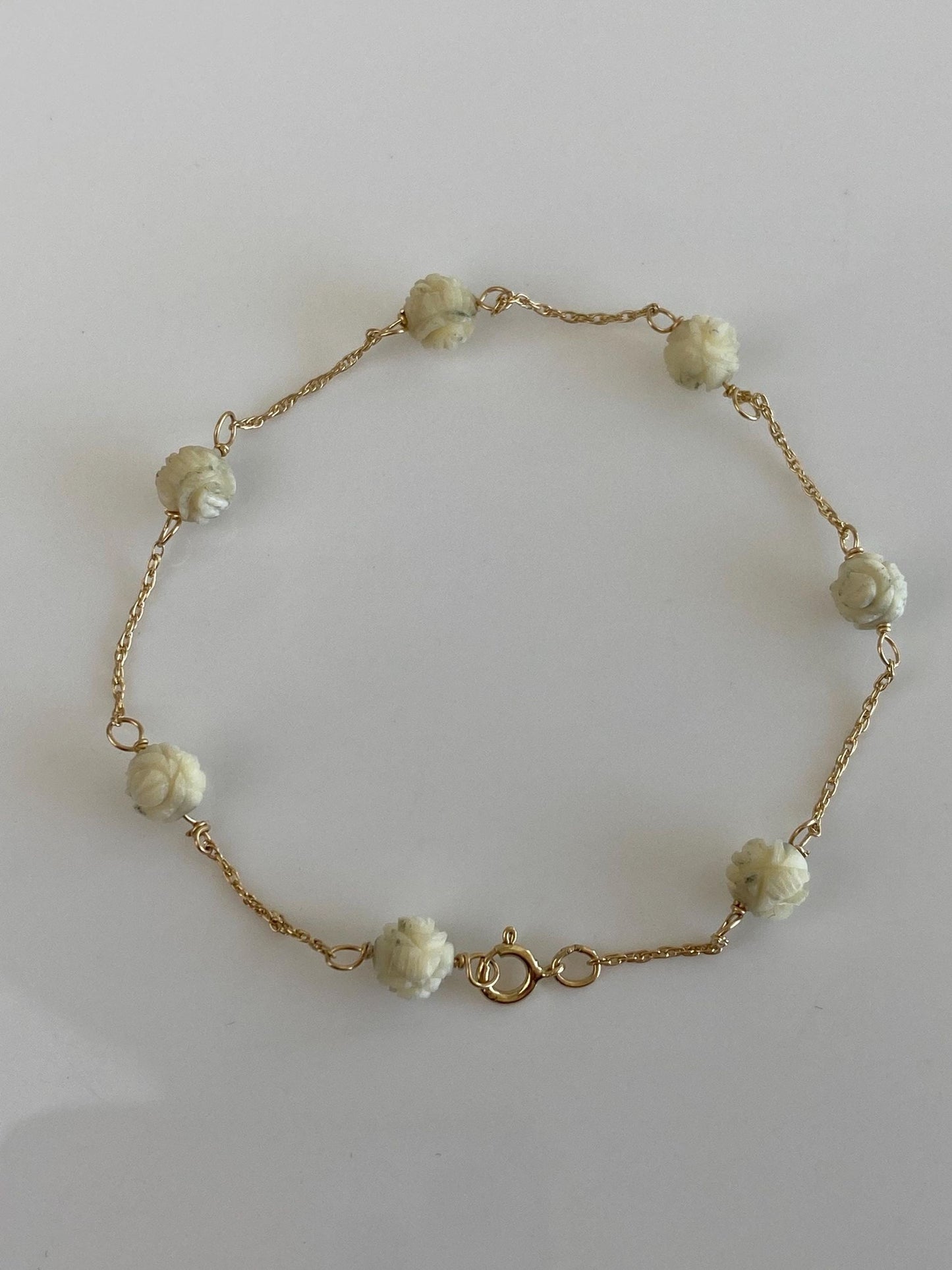 Vintage Solid 14k Yellow Gold Carved Stone Dainty Chain Bracelet - 7.25 inches