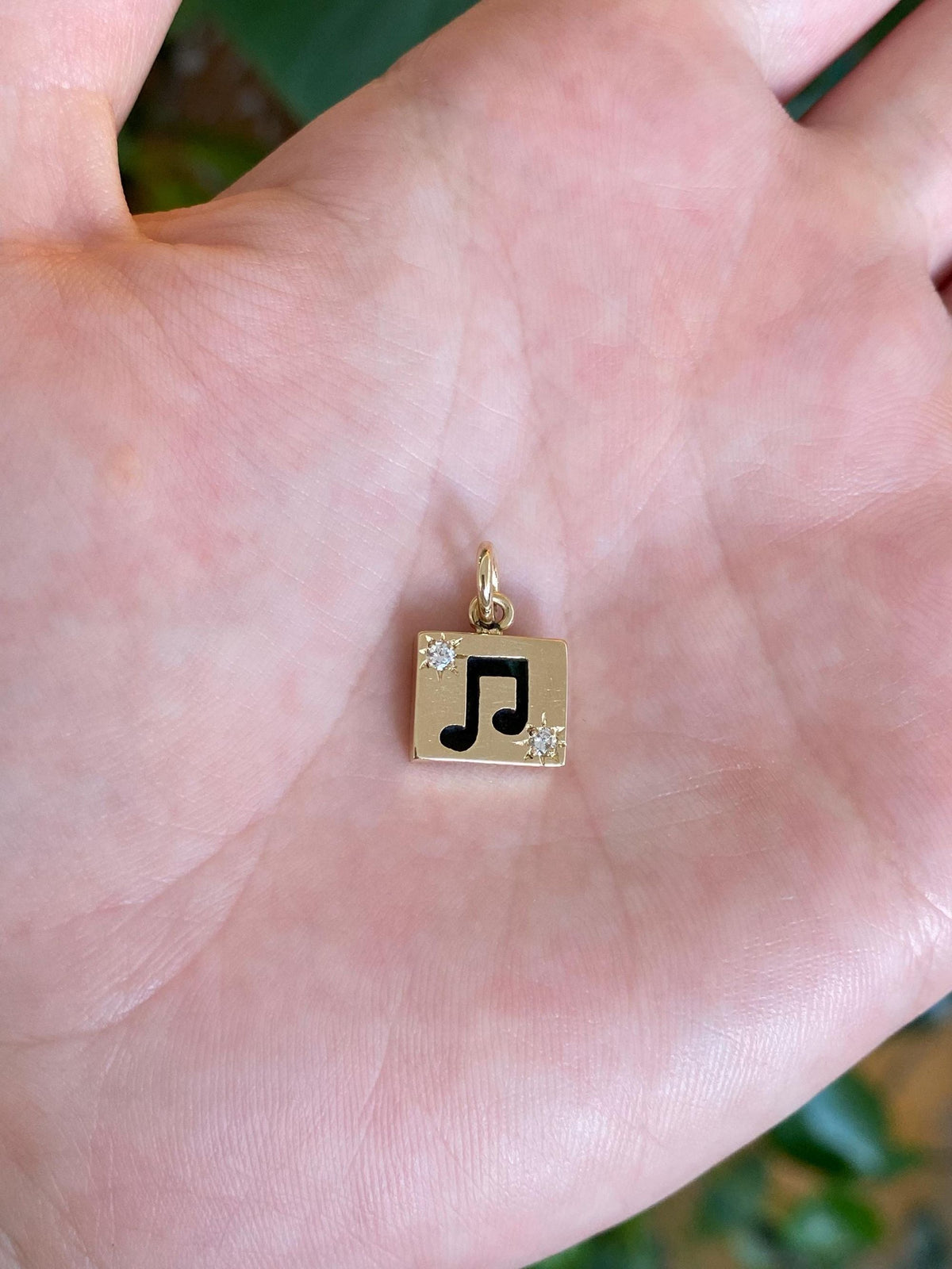 Vintage Solid 14k Yellow Gold Star Set Diamonds Enamel Music Symbol Charm