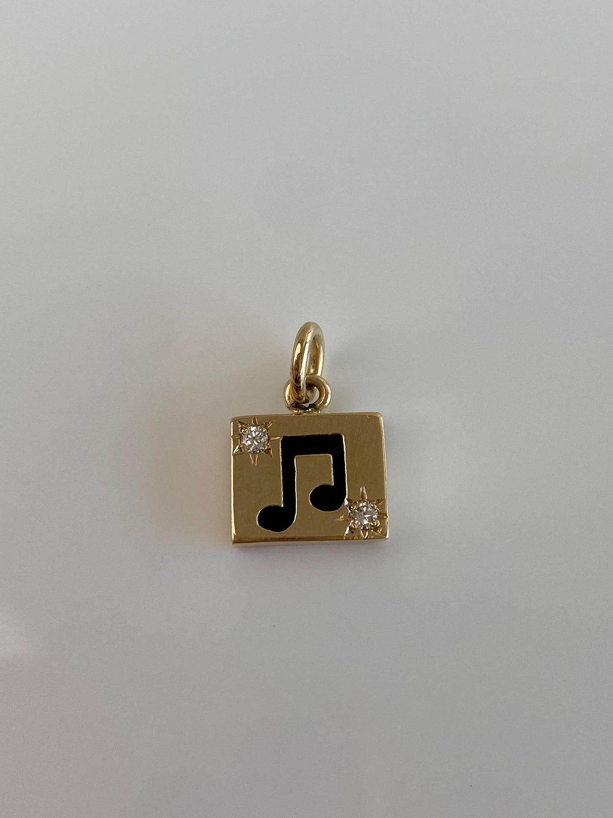 Vintage Solid 14k Yellow Gold Star Set Diamonds Enamel Music Symbol Charm