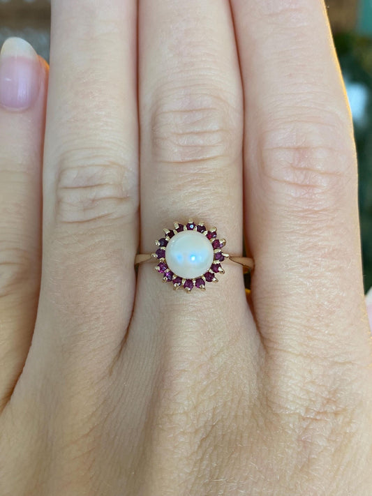 Vintage Solid 14k Yellow Gold Ruby Halo Pearl Ring - Size 8.5