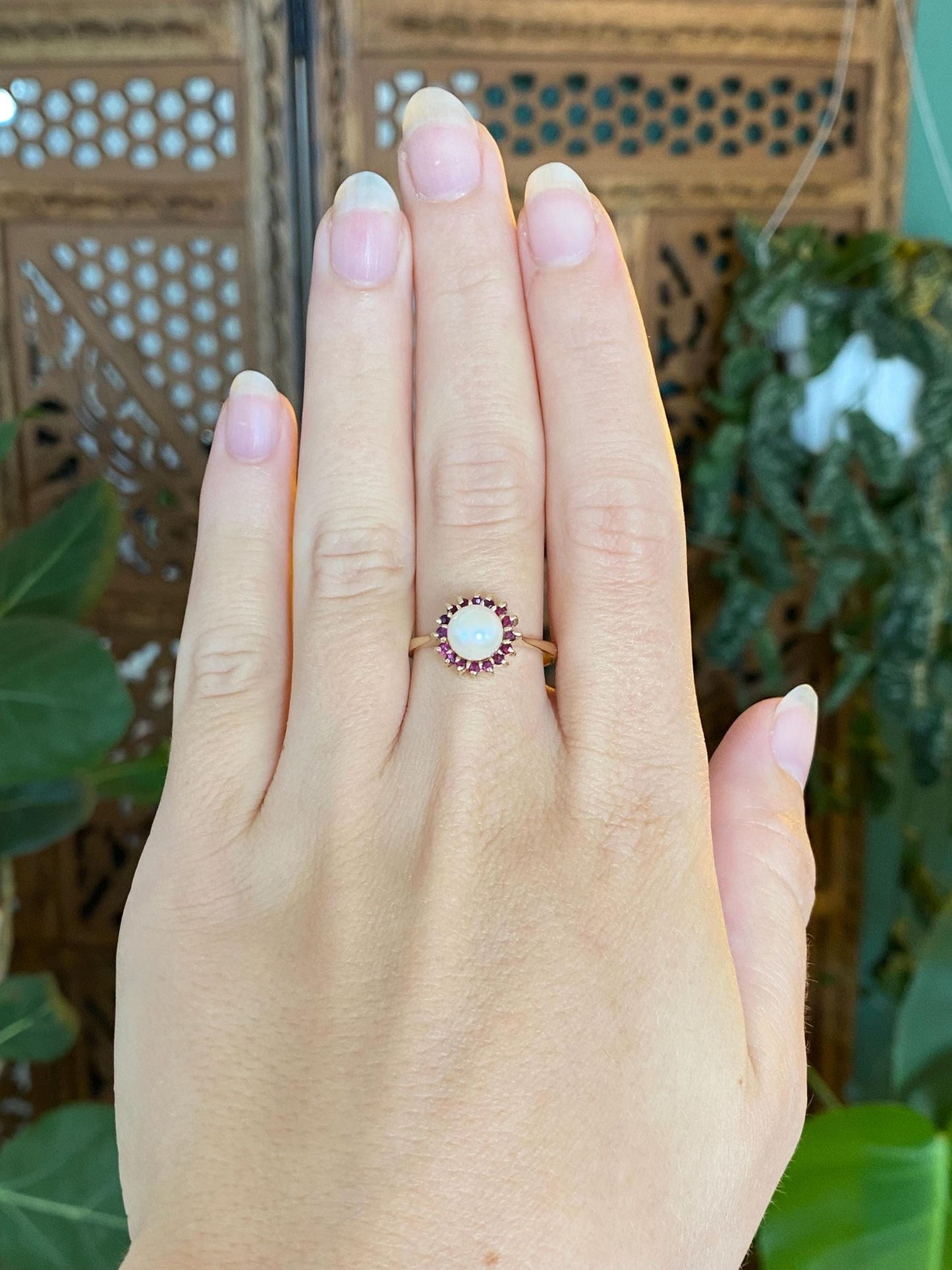 Vintage Solid 14k Yellow Gold Ruby Halo Pearl Ring - Size 8.5