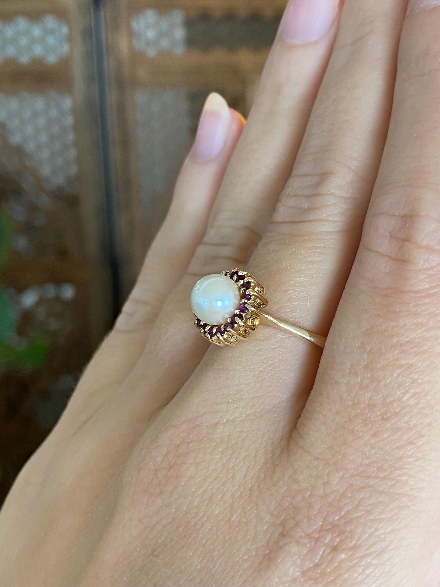 Vintage Solid 14k Yellow Gold Ruby Halo Pearl Ring - Size 8.5
