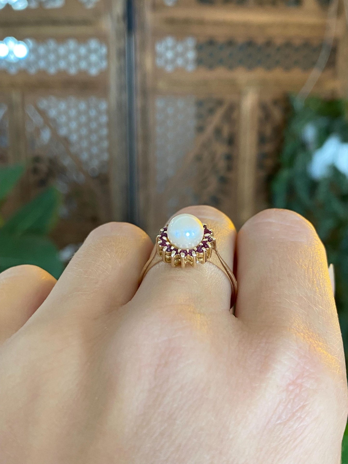 Vintage Solid 14k Yellow Gold Ruby Halo Pearl Ring - Size 8.5
