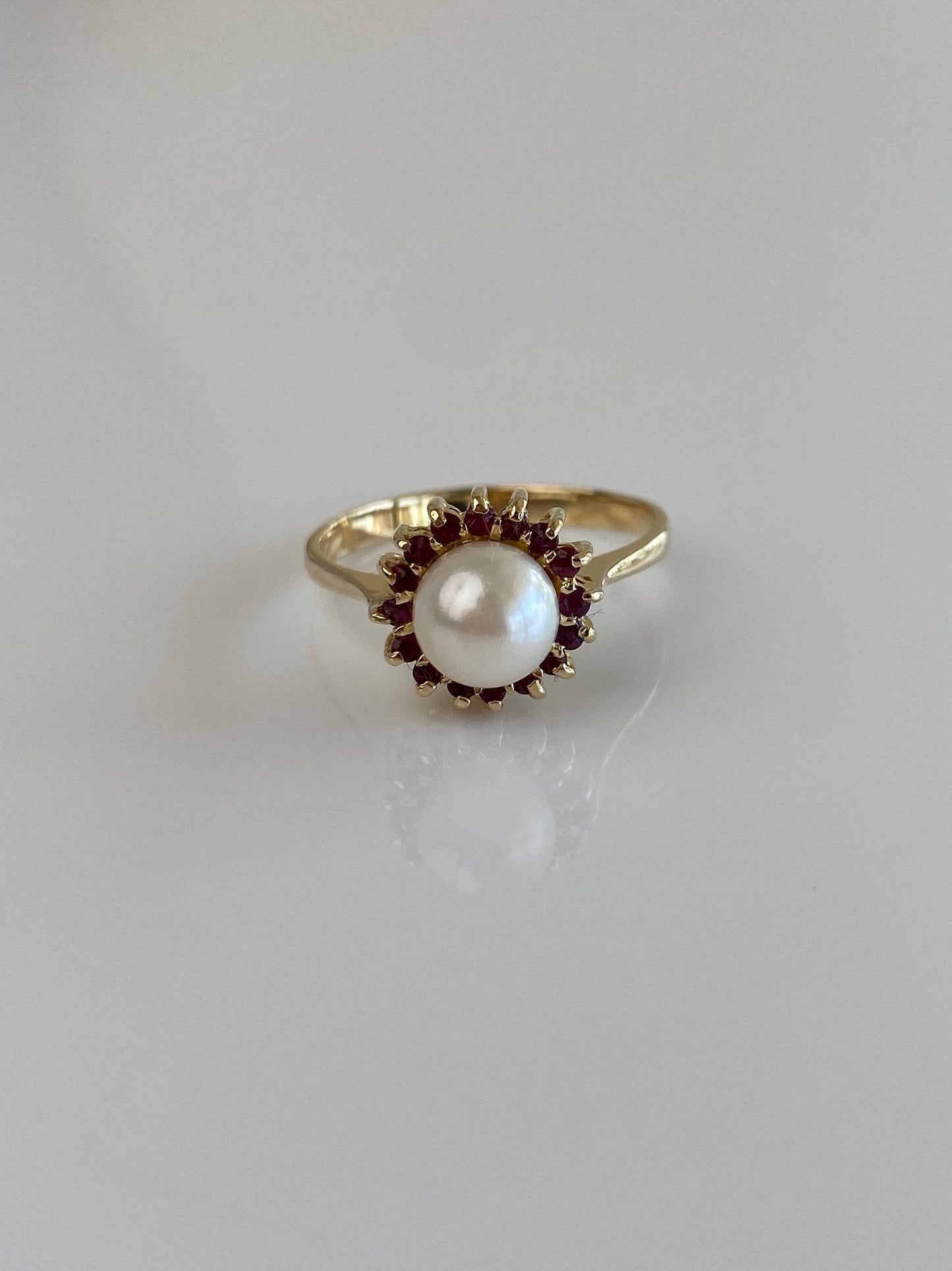 Vintage Solid 14k Yellow Gold Ruby Halo Pearl Ring - Size 8.5