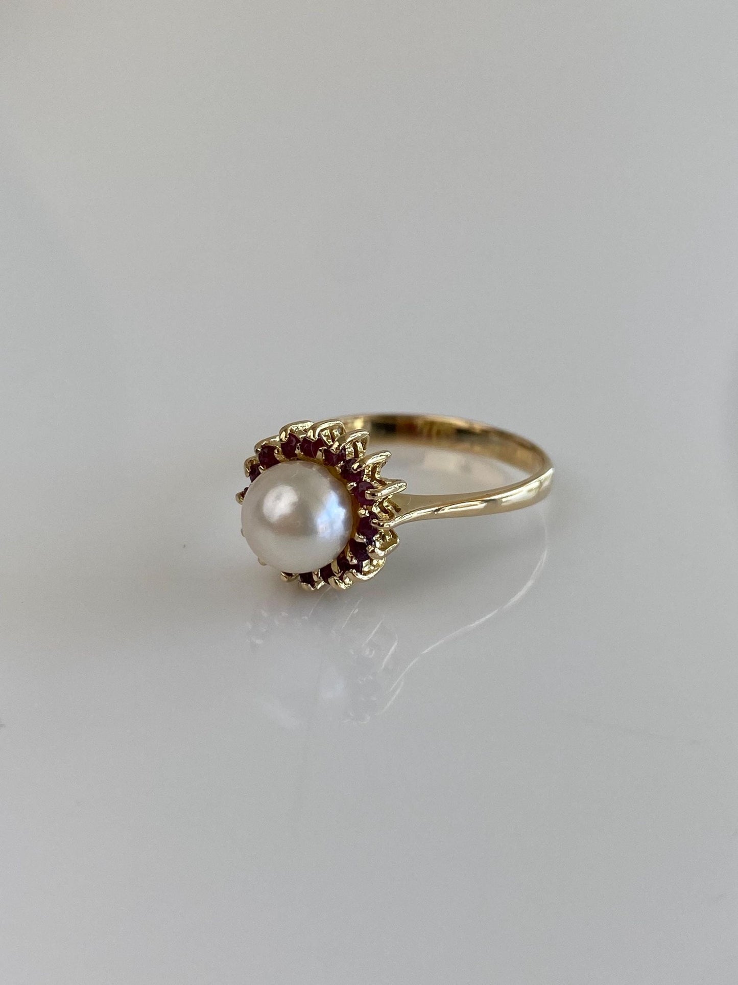 Vintage Solid 14k Yellow Gold Ruby Halo Pearl Ring - Size 8.5