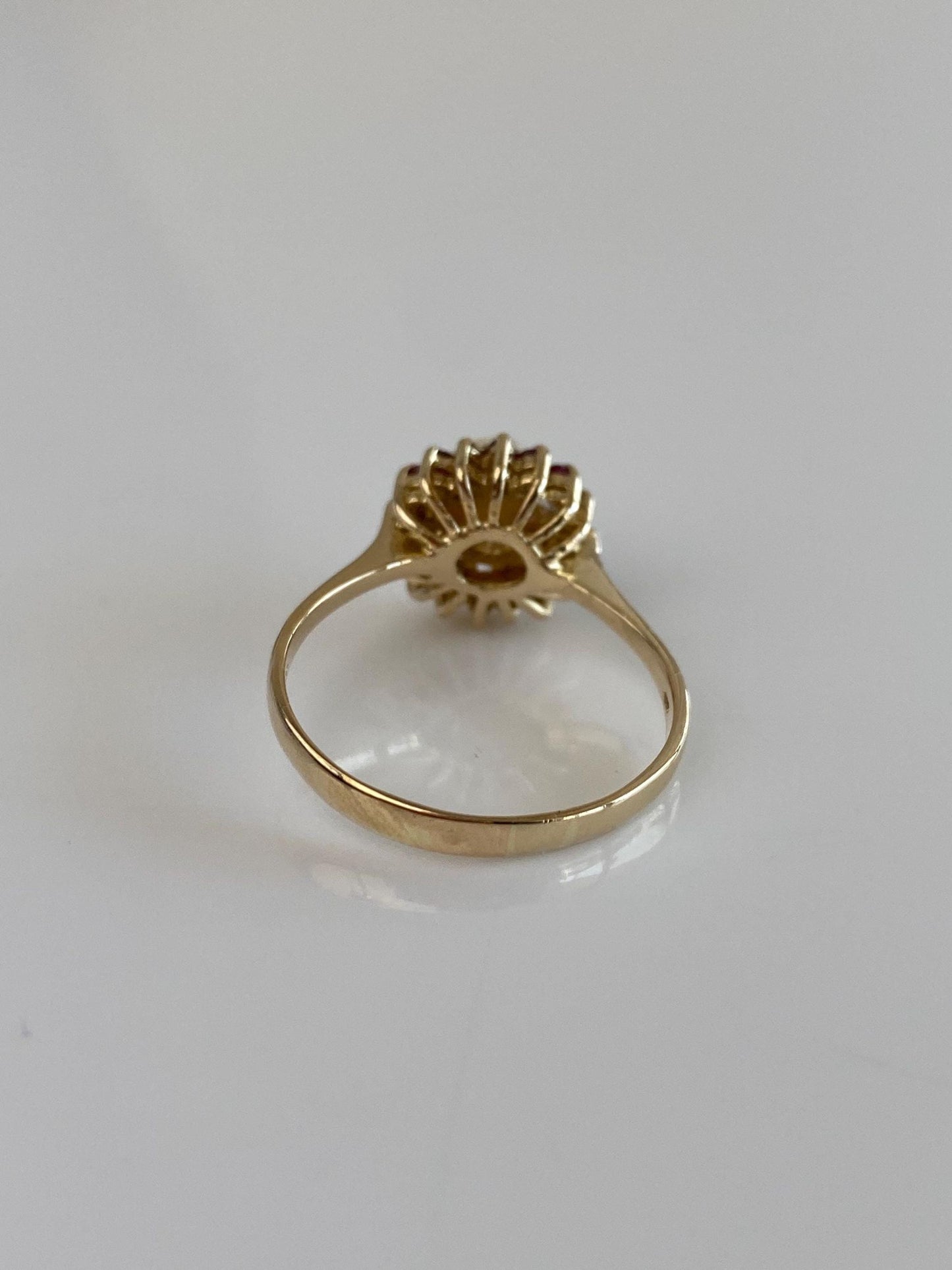 Vintage Solid 14k Yellow Gold Ruby Halo Pearl Ring - Size 8.5