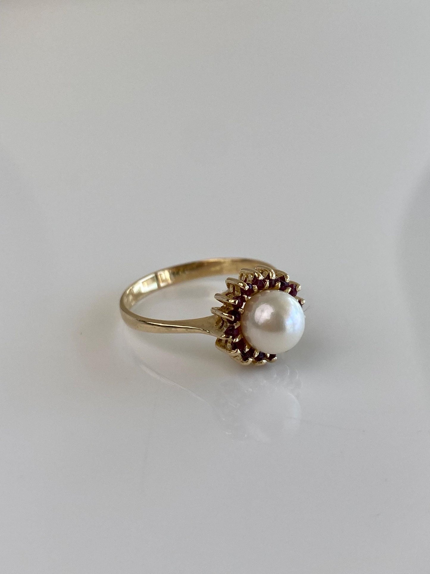 Vintage Solid 14k Yellow Gold Ruby Halo Pearl Ring - Size 8.5