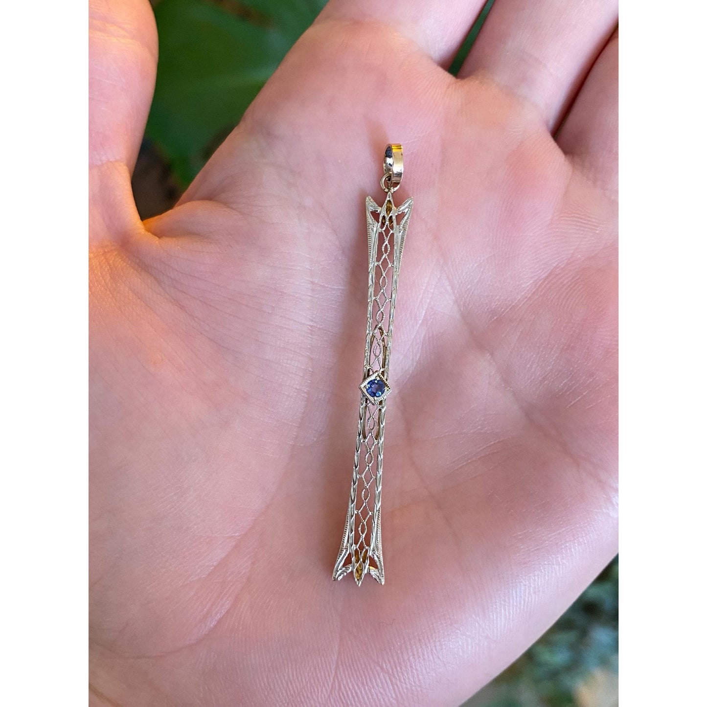 Solid 14k White & Yellow Gold Blue Sapphire Art Deco Bar Pin Conversion Charm