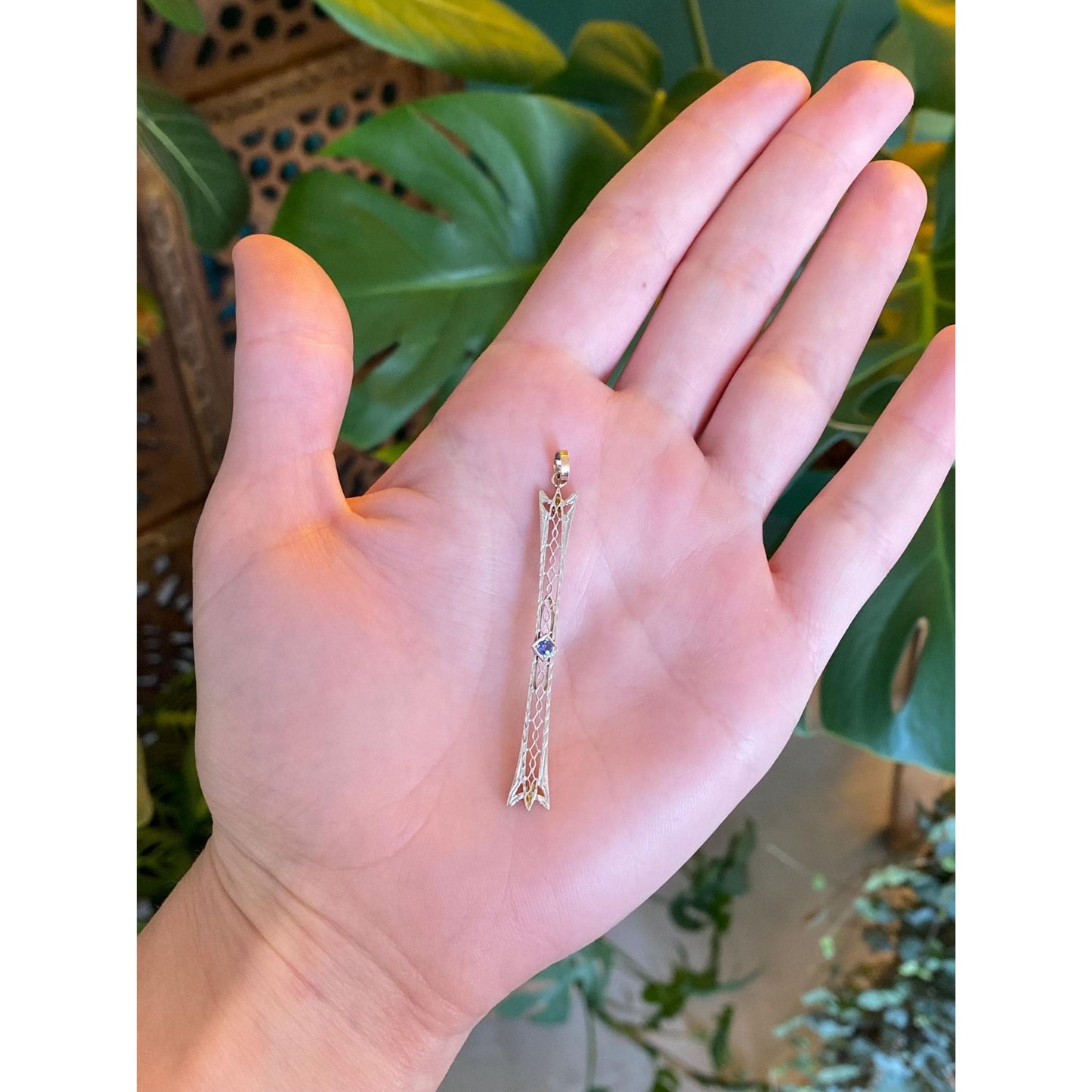 Solid 14k White & Yellow Gold Blue Sapphire Art Deco Bar Pin Conversion Charm