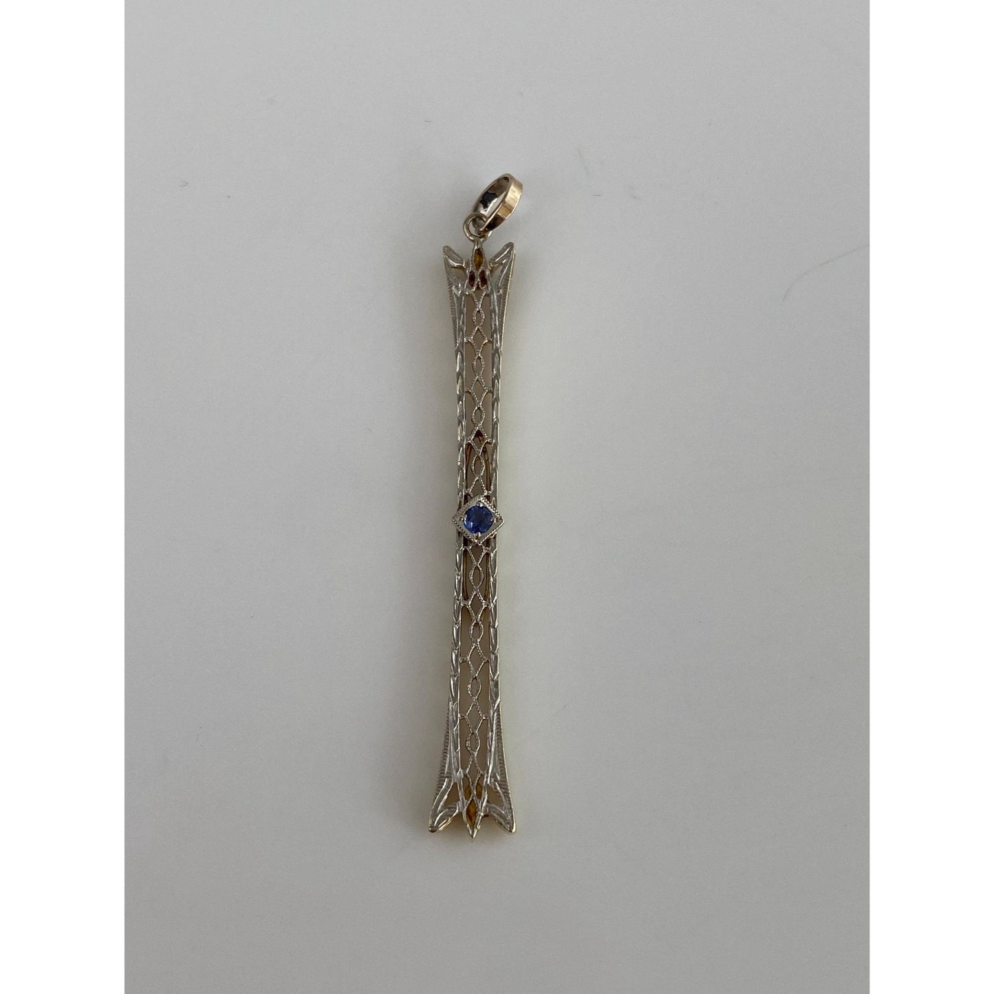 Solid 14k White & Yellow Gold Blue Sapphire Art Deco Bar Pin Conversion Charm