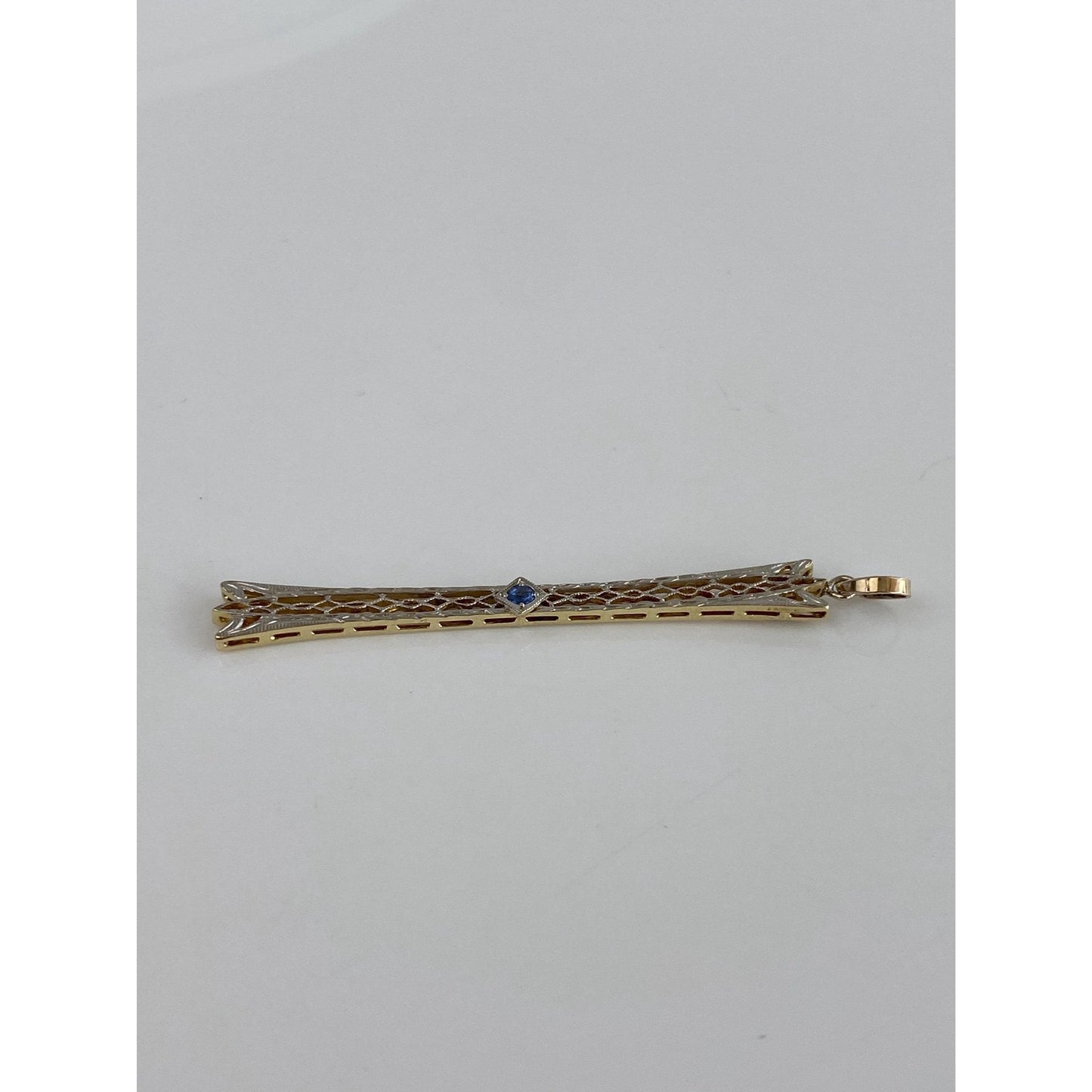 Solid 14k White & Yellow Gold Blue Sapphire Art Deco Bar Pin Conversion Charm