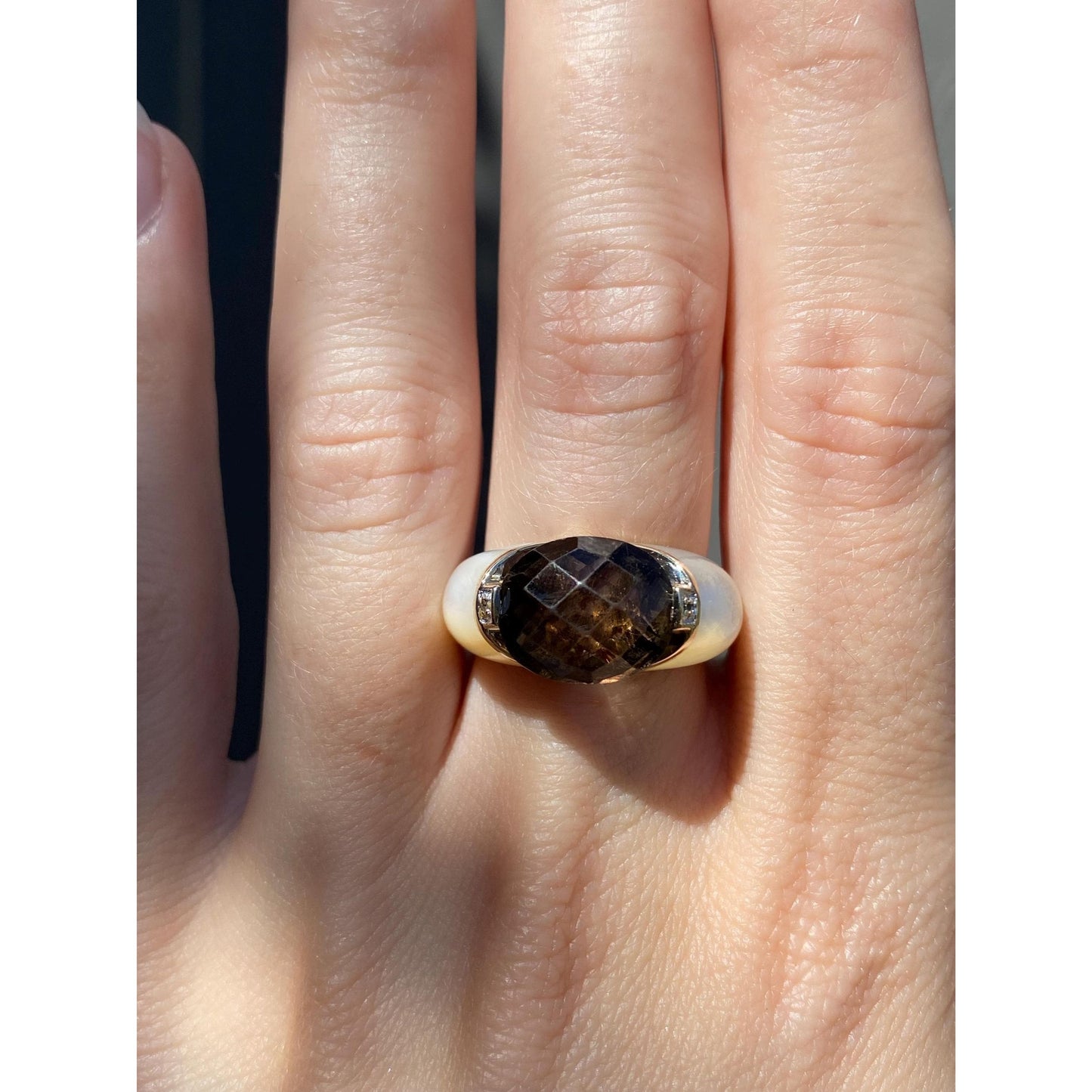 Vintage Solid 14k Yellow Gold Diamond Smokey Quartz Mother of Pearl Ring - Size 6.75