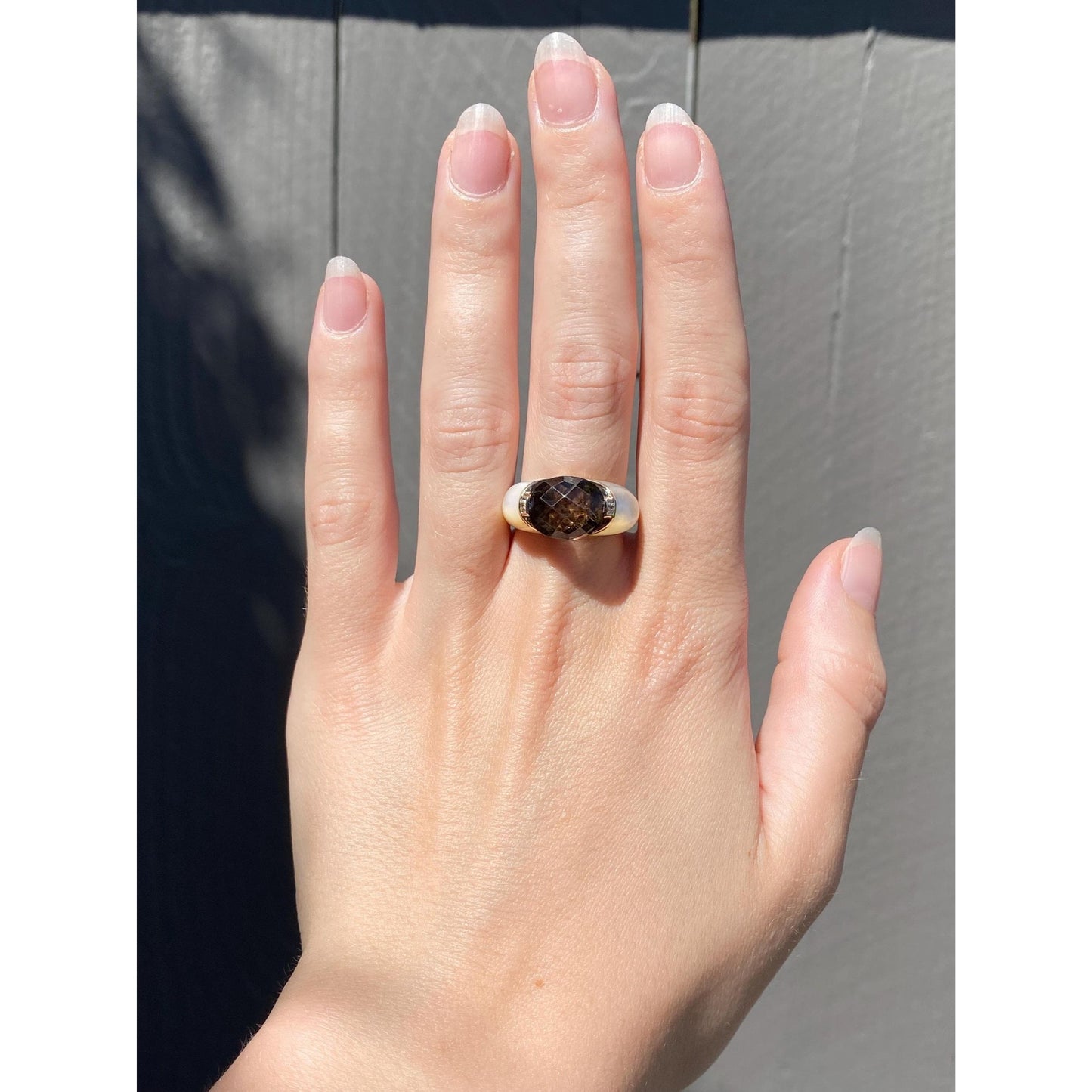 Vintage Solid 14k Yellow Gold Diamond Smokey Quartz Mother of Pearl Ring - Size 6.75