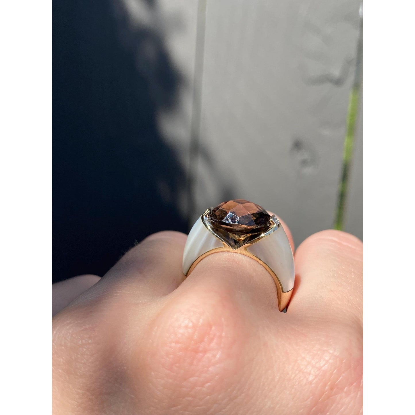 Vintage Solid 14k Yellow Gold Diamond Smokey Quartz Mother of Pearl Ring - Size 6.75