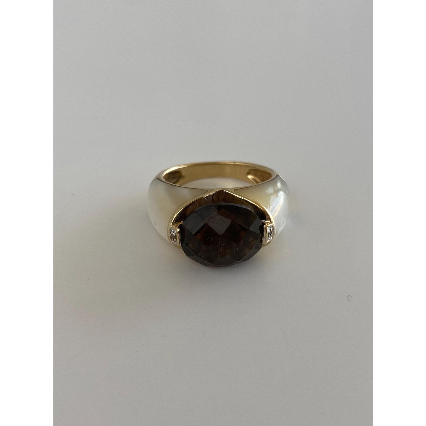 Vintage Solid 14k Yellow Gold Diamond Smokey Quartz Mother of Pearl Ring - Size 6.75