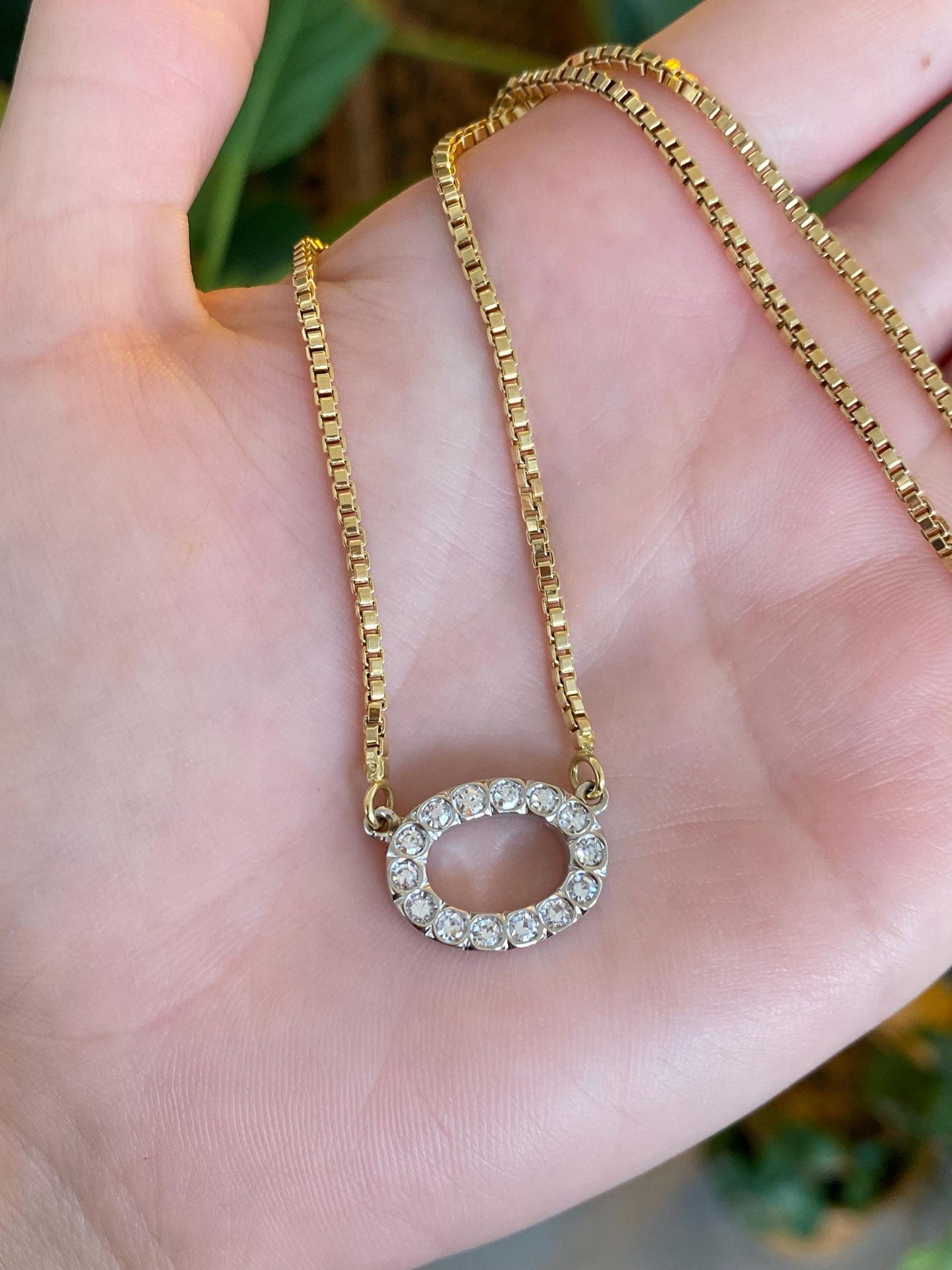 Vintage Solid 18k White & Yellow Gold Diamond Box Chain Necklace - 15.5 inches