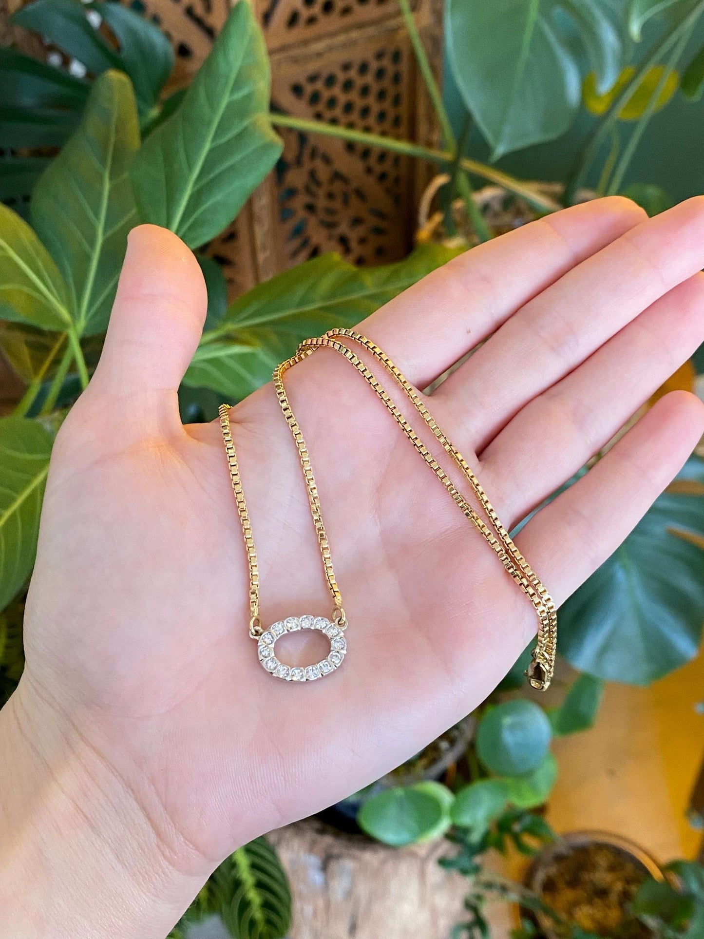 Vintage Solid 18k White & Yellow Gold Diamond Box Chain Necklace - 15.5 inches