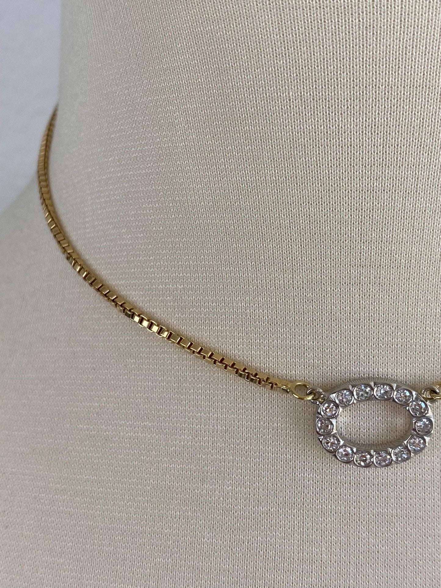 Vintage Solid 18k White & Yellow Gold Diamond Box Chain Necklace - 15.5 inches