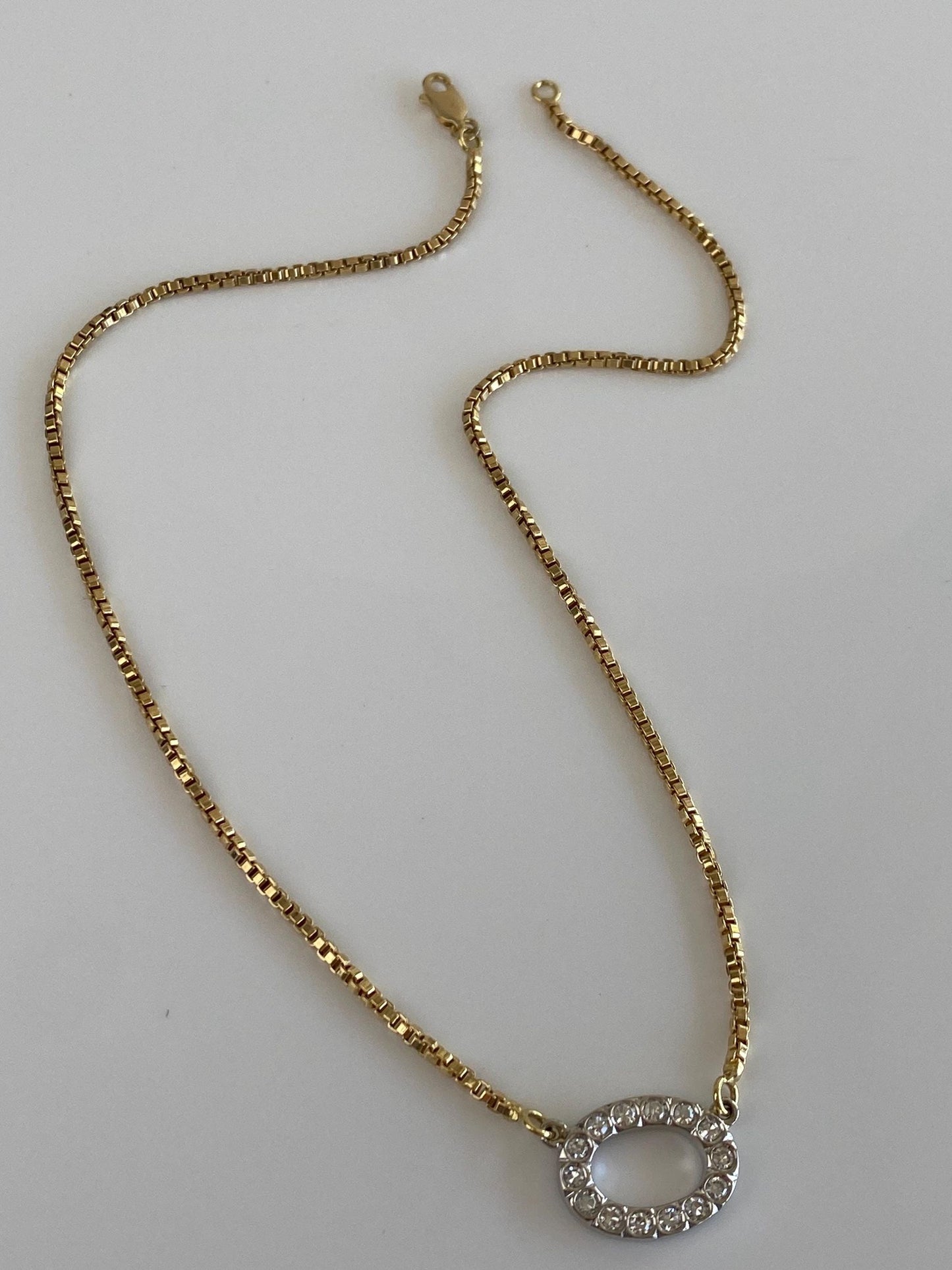 Vintage Solid 18k White & Yellow Gold Diamond Box Chain Necklace - 15.5 inches