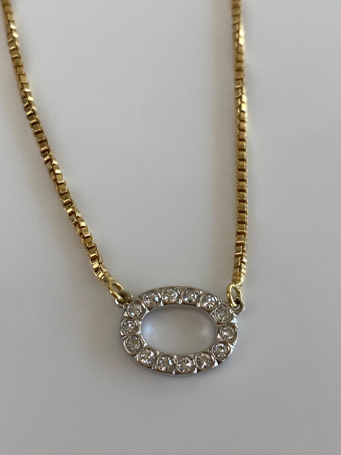 Vintage Solid 18k White & Yellow Gold Diamond Box Chain Necklace - 15.5 inches