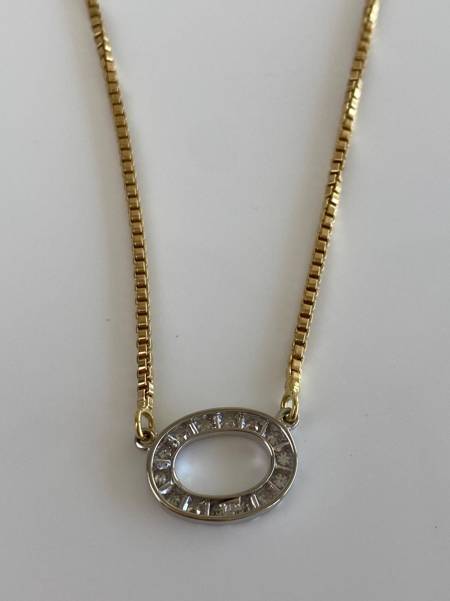 Vintage Solid 18k White & Yellow Gold Diamond Box Chain Necklace - 15.5 inches