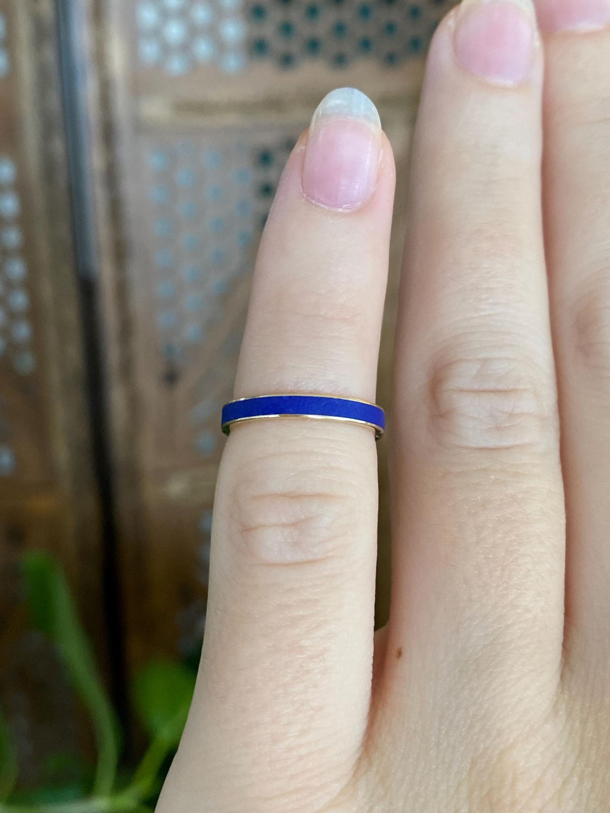 Vintage Solid 14k Yellow Gold Blue Enamel Inlay Ring Band - Size 2.75