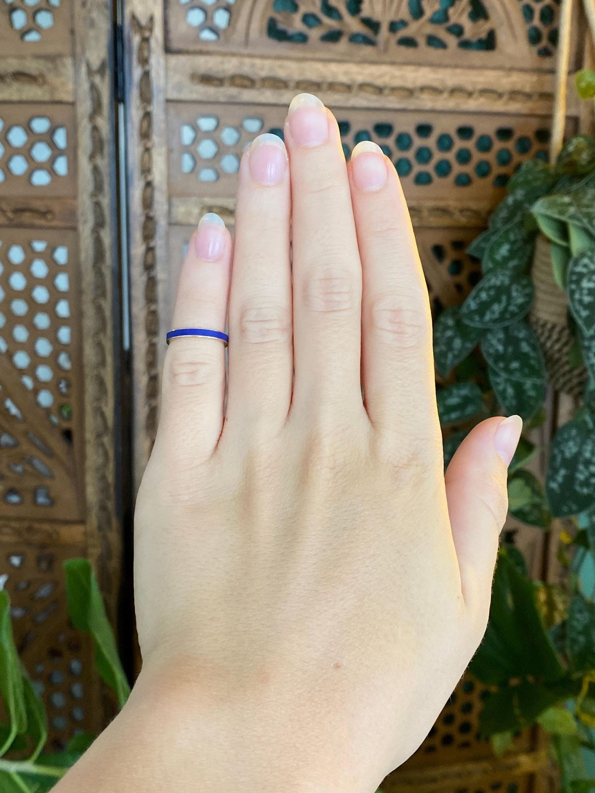Vintage Solid 14k Yellow Gold Blue Enamel Inlay Ring Band - Size 2.75