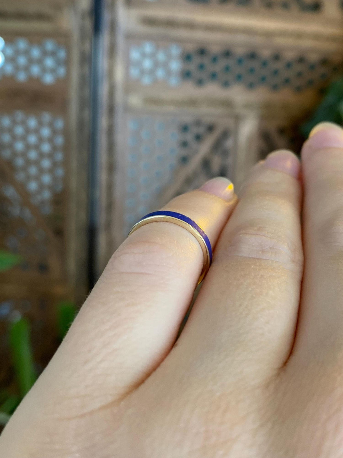 Vintage Solid 14k Yellow Gold Blue Enamel Inlay Ring Band - Size 2.75