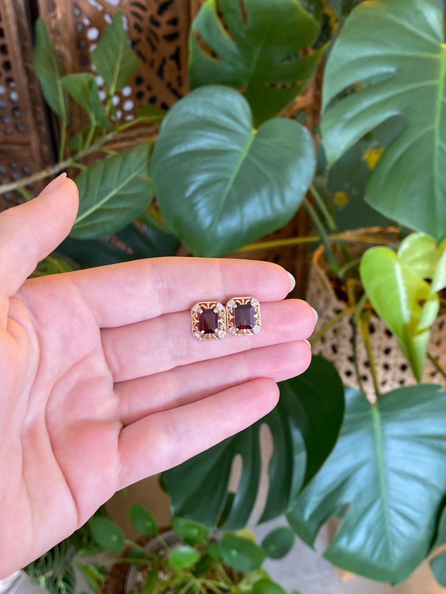 Vintage Solid 10k White &  Yellow Gold Diamond Garnet Stud Earrings