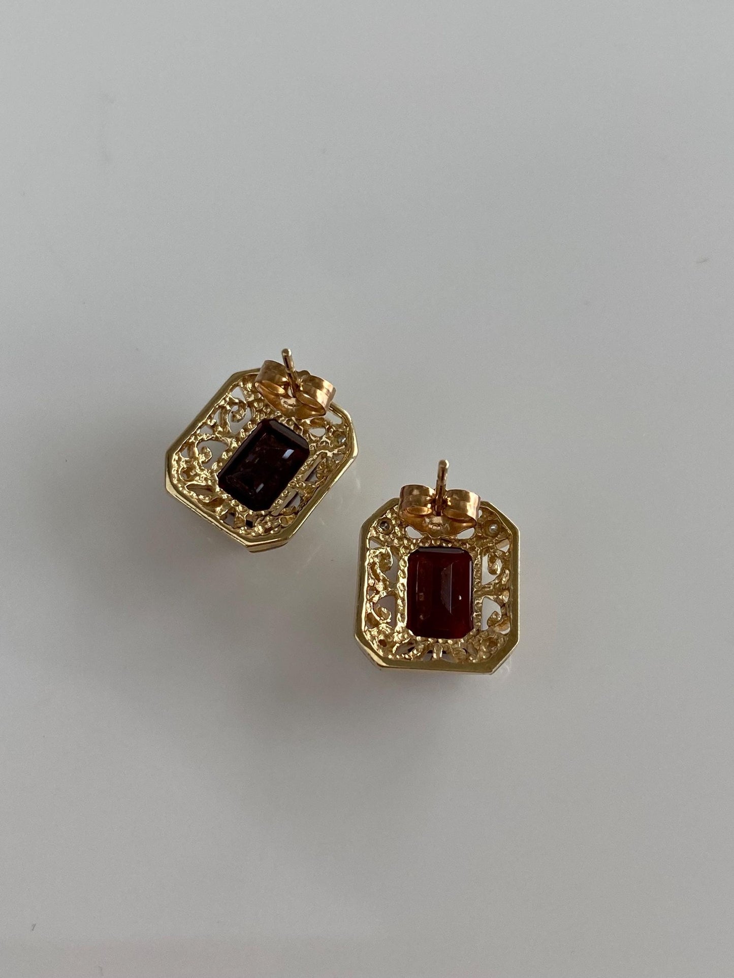 Vintage Solid 10k White &  Yellow Gold Diamond Garnet Stud Earrings