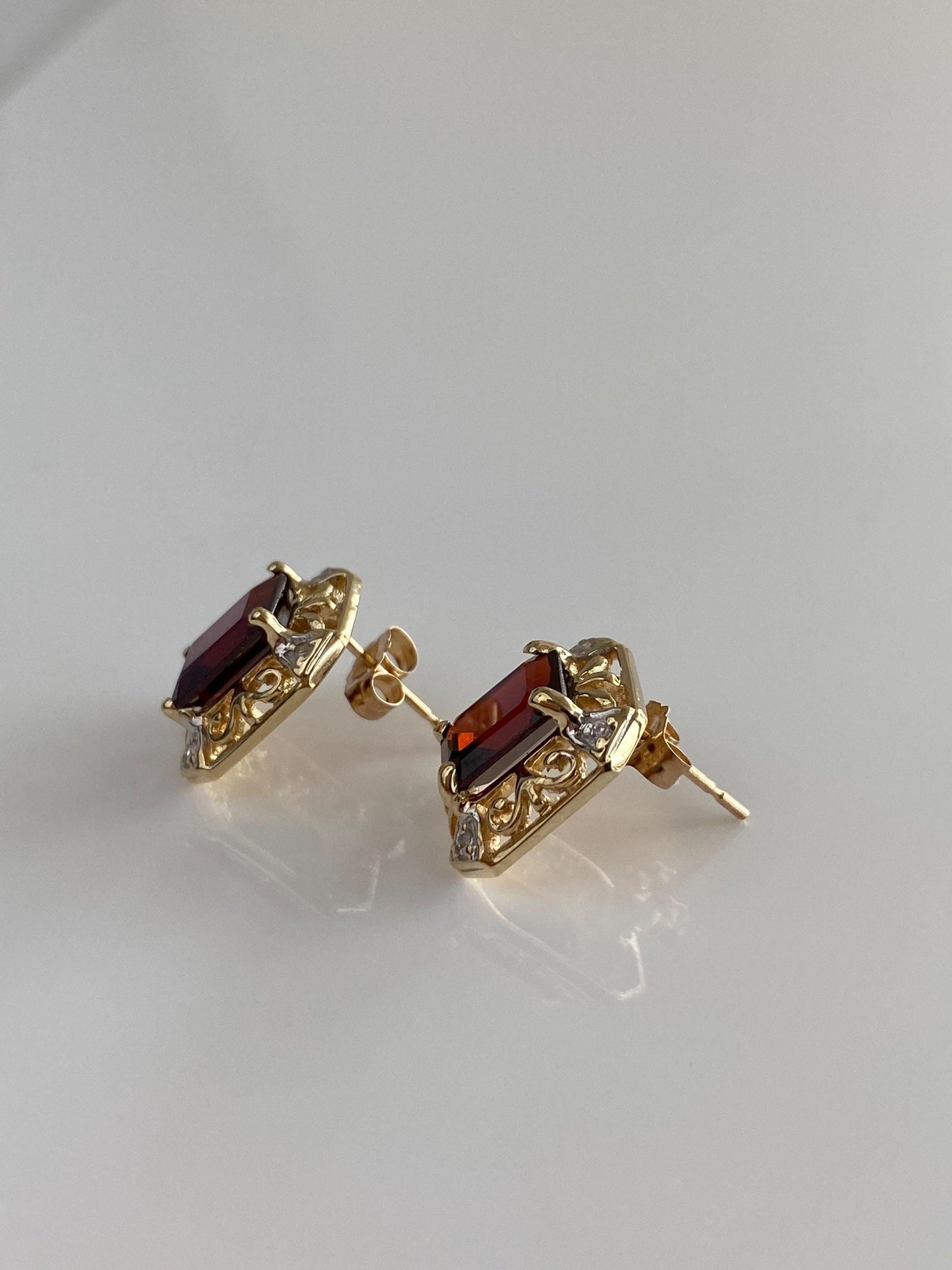 Vintage Solid 10k White &  Yellow Gold Diamond Garnet Stud Earrings