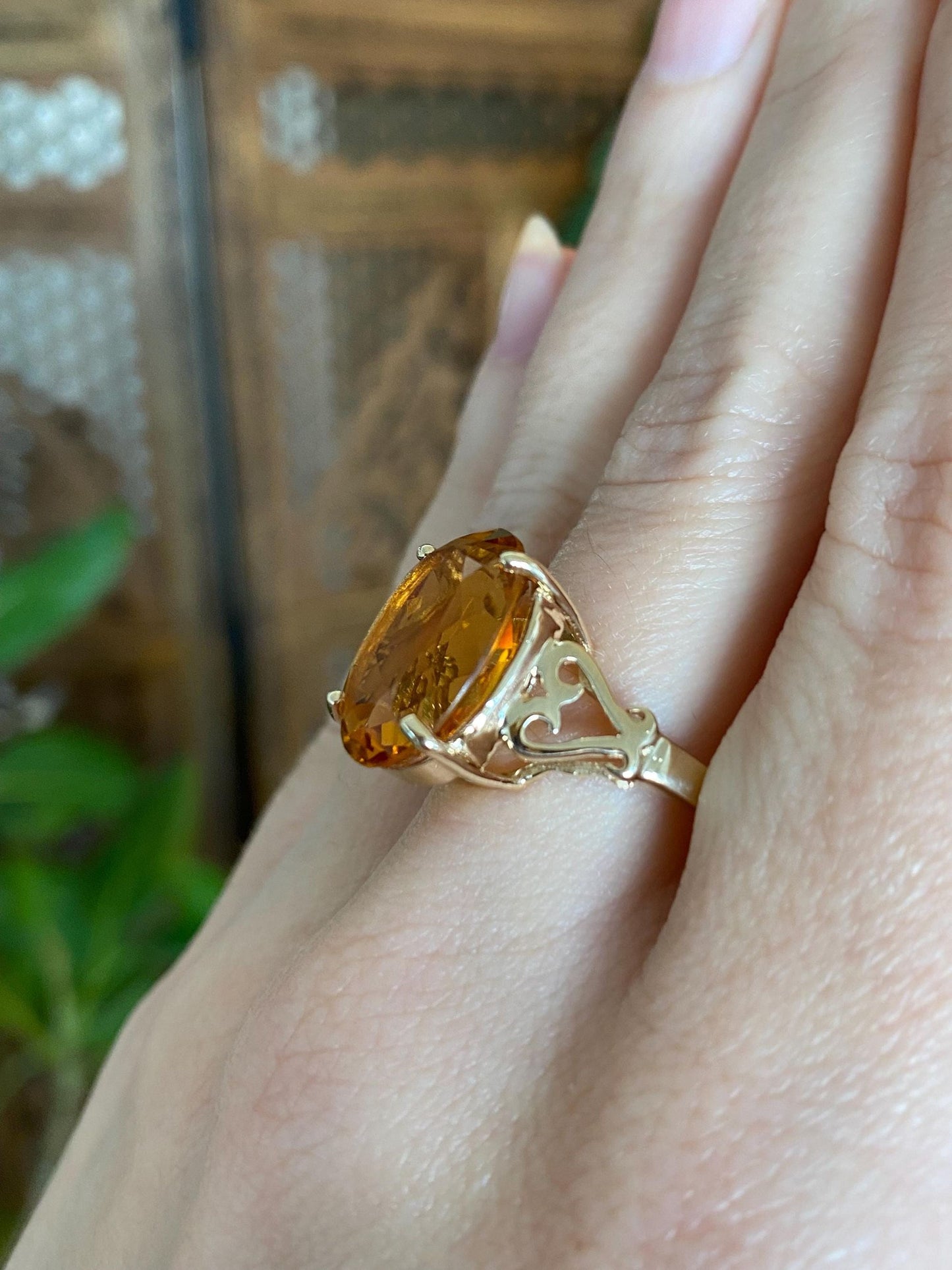 Vintage Solid 10k Yellow Gold Citrine Heart Design Ring - Size 9.25