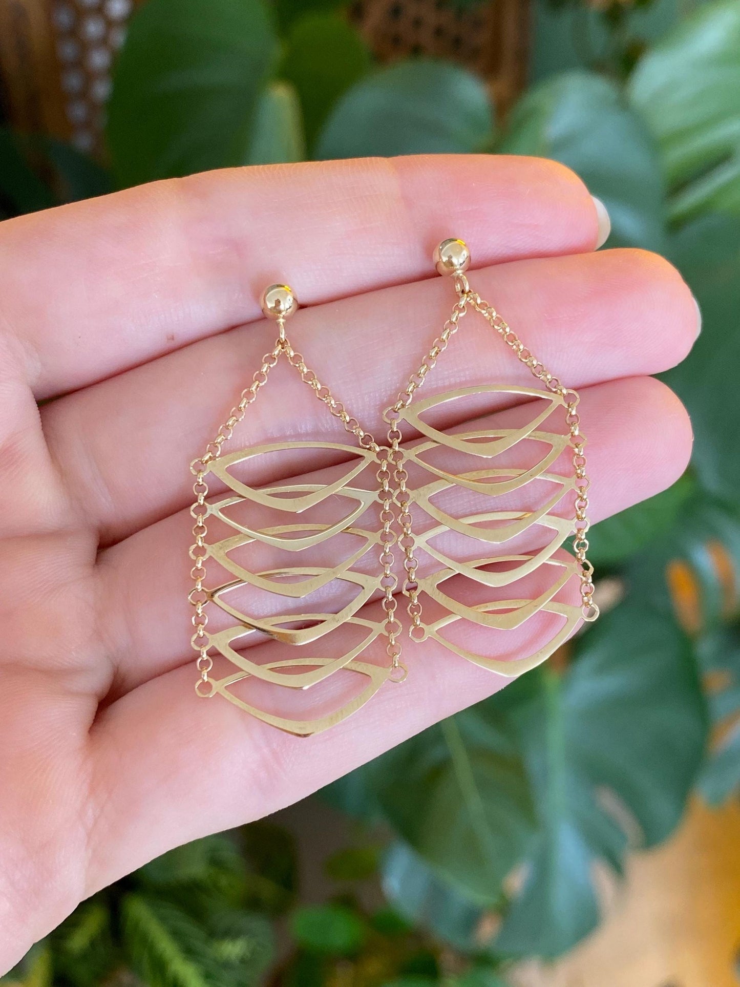 Vintage Solid 14k Yellow Gold Rolo Chain Triangles Chandelier Earrings