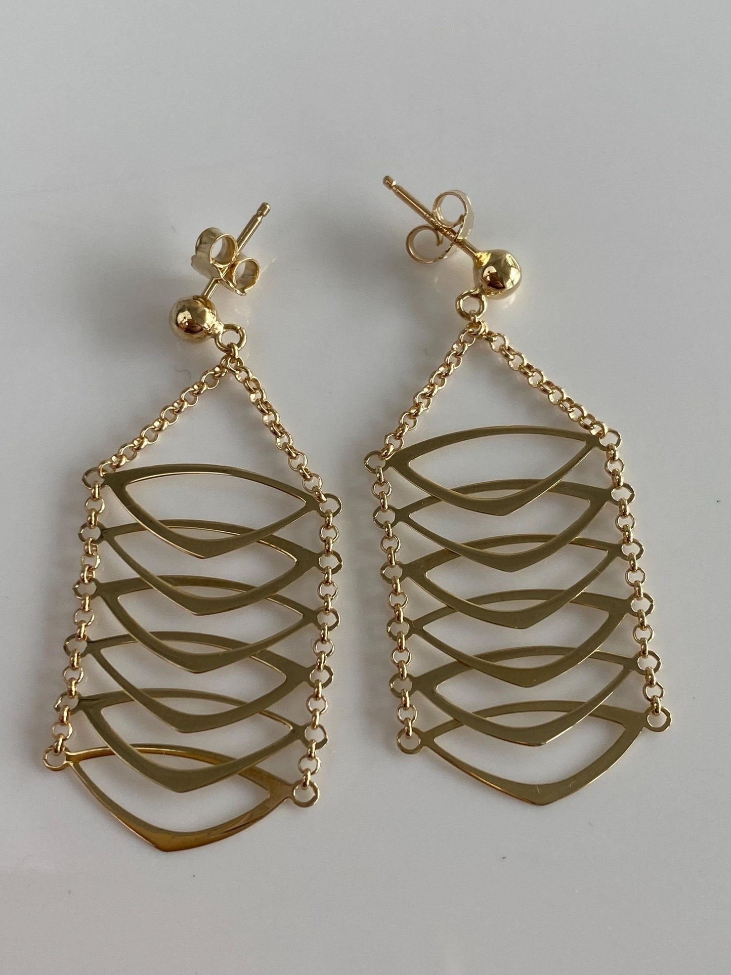 Vintage Solid 14k Yellow Gold Rolo Chain Triangles Chandelier Earrings