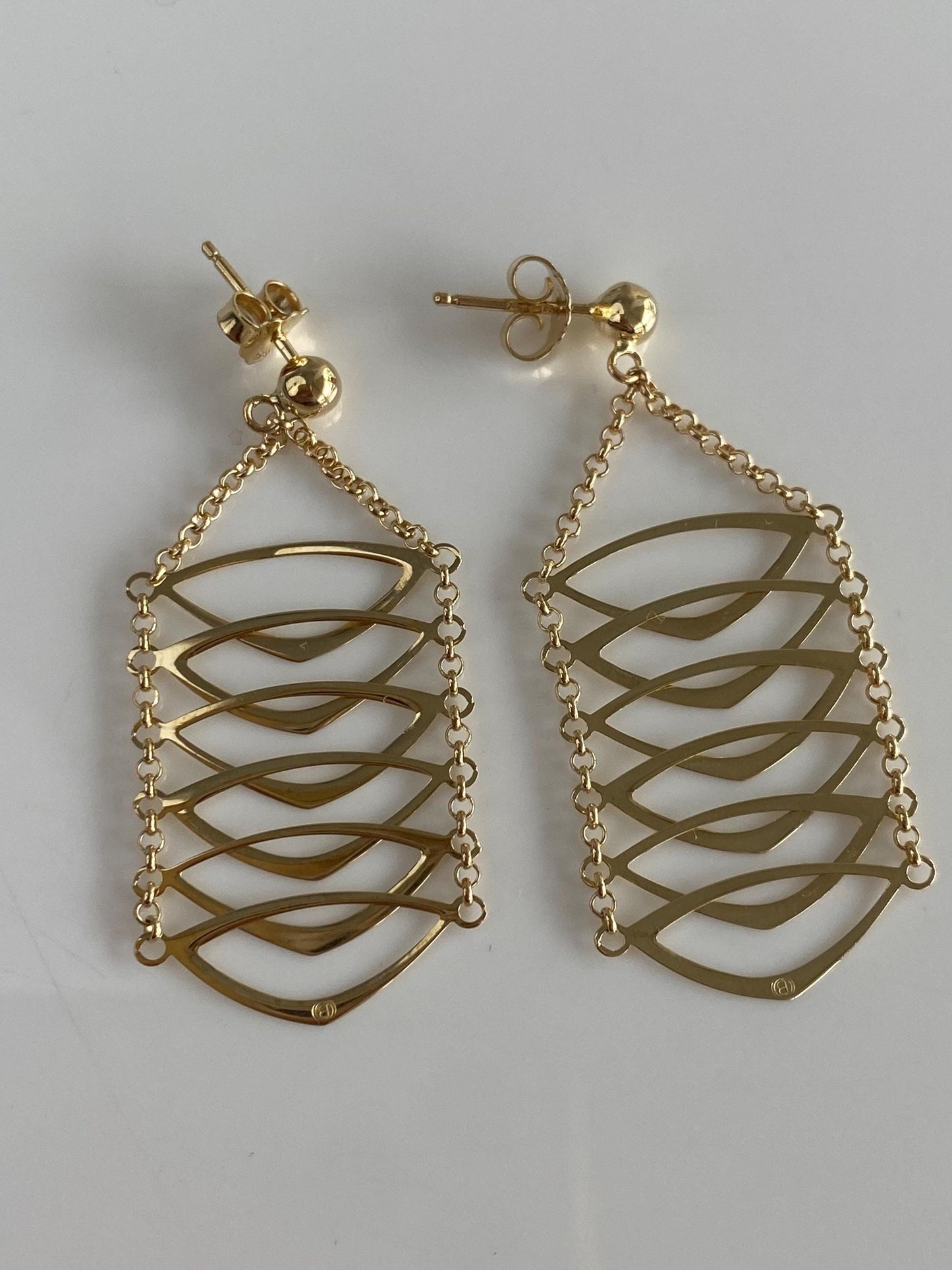 Vintage Solid 14k Yellow Gold Rolo Chain Triangles Chandelier Earrings