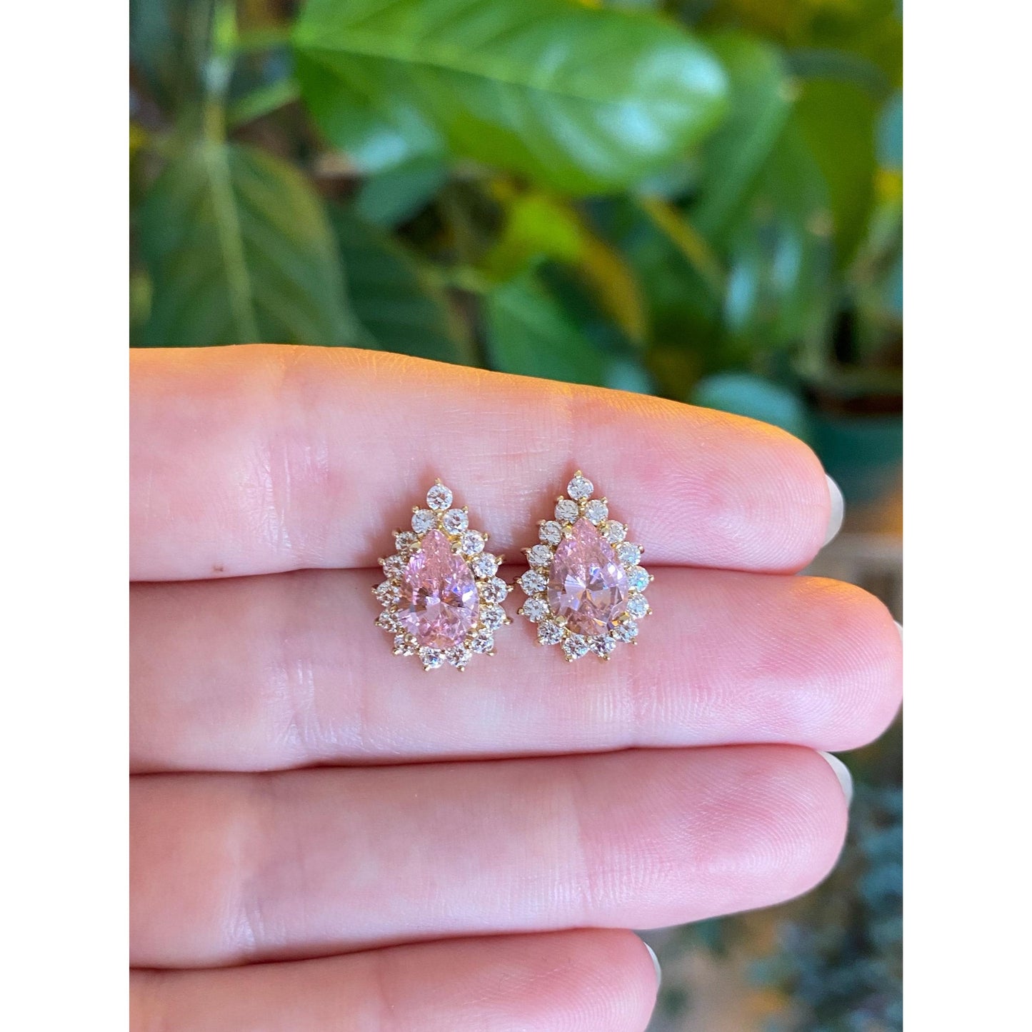 Vintage Solid 10k Yellow Gold Pink & Clear Cubic Zirconia Stud Earrings