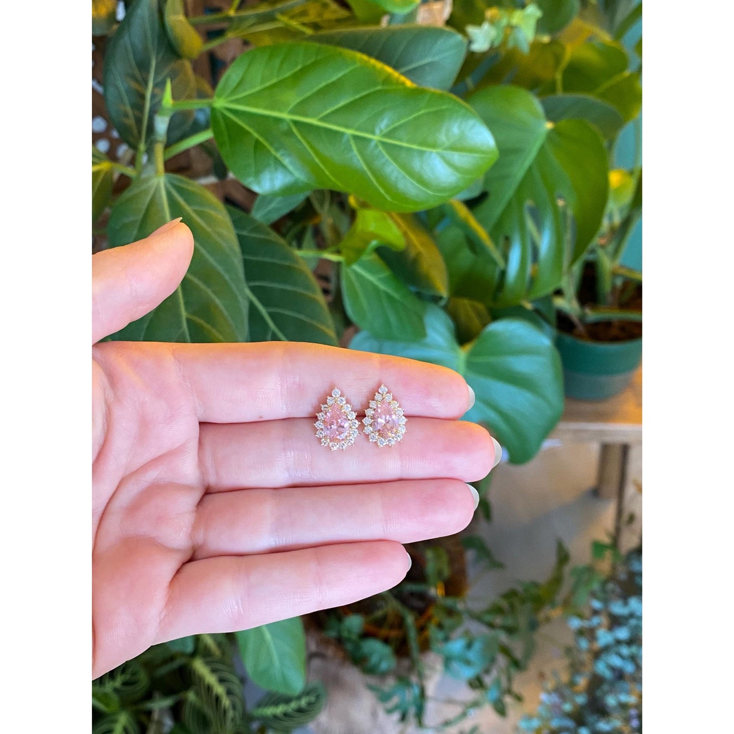 Vintage Solid 10k Yellow Gold Pink & Clear Cubic Zirconia Stud Earrings