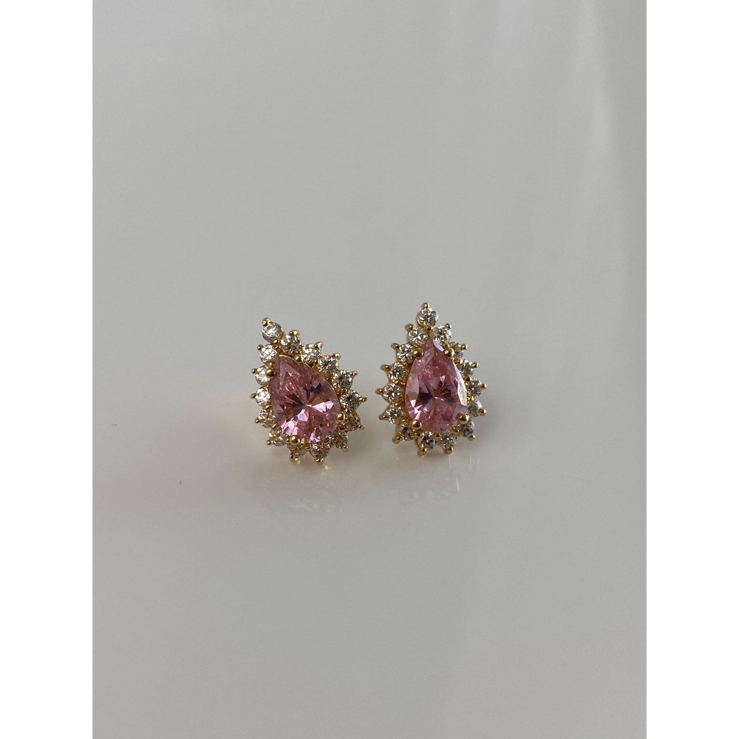 Vintage Solid 10k Yellow Gold Pink & Clear Cubic Zirconia Stud Earrings