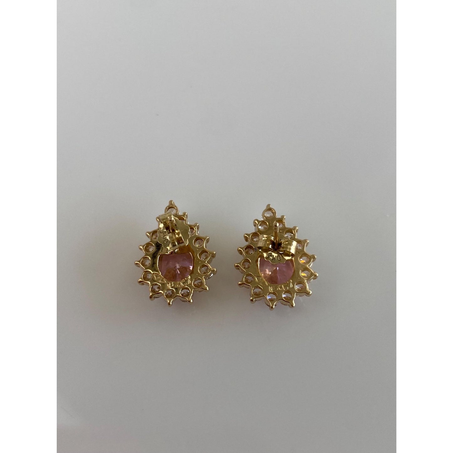 Vintage Solid 10k Yellow Gold Pink & Clear Cubic Zirconia Stud Earrings
