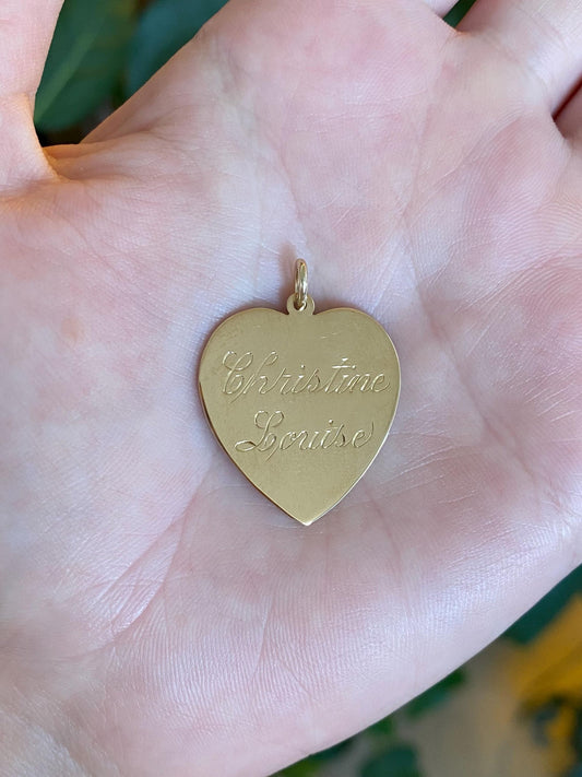 Vintage Solid 14k Yellow Gold 'Christine Louise' Engraved Heart Charm