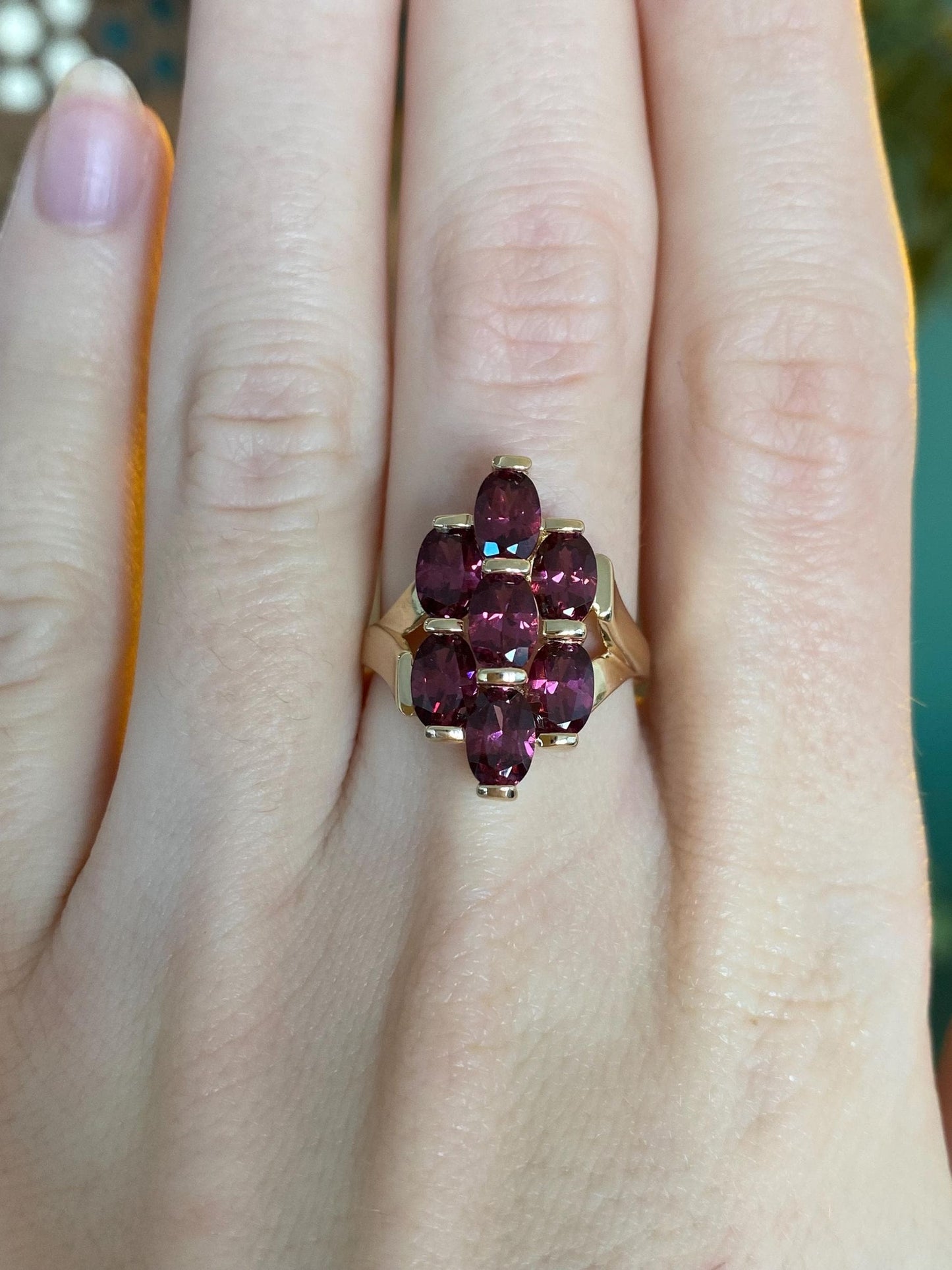 Vintage Solid 14k Yellow Gold Pink Tourmaline Cluster Ring - Size 7