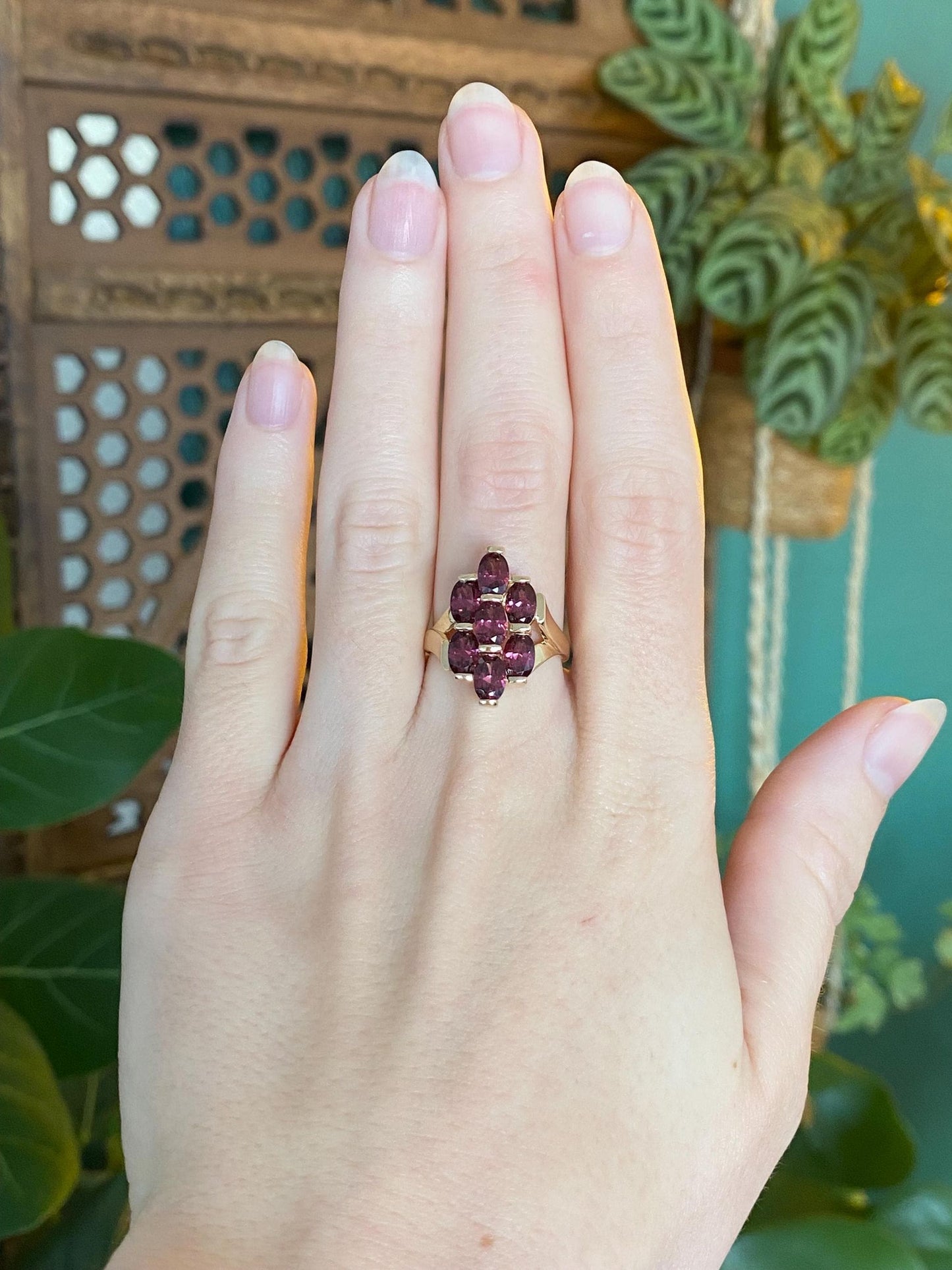 Vintage Solid 14k Yellow Gold Pink Tourmaline Cluster Ring - Size 7