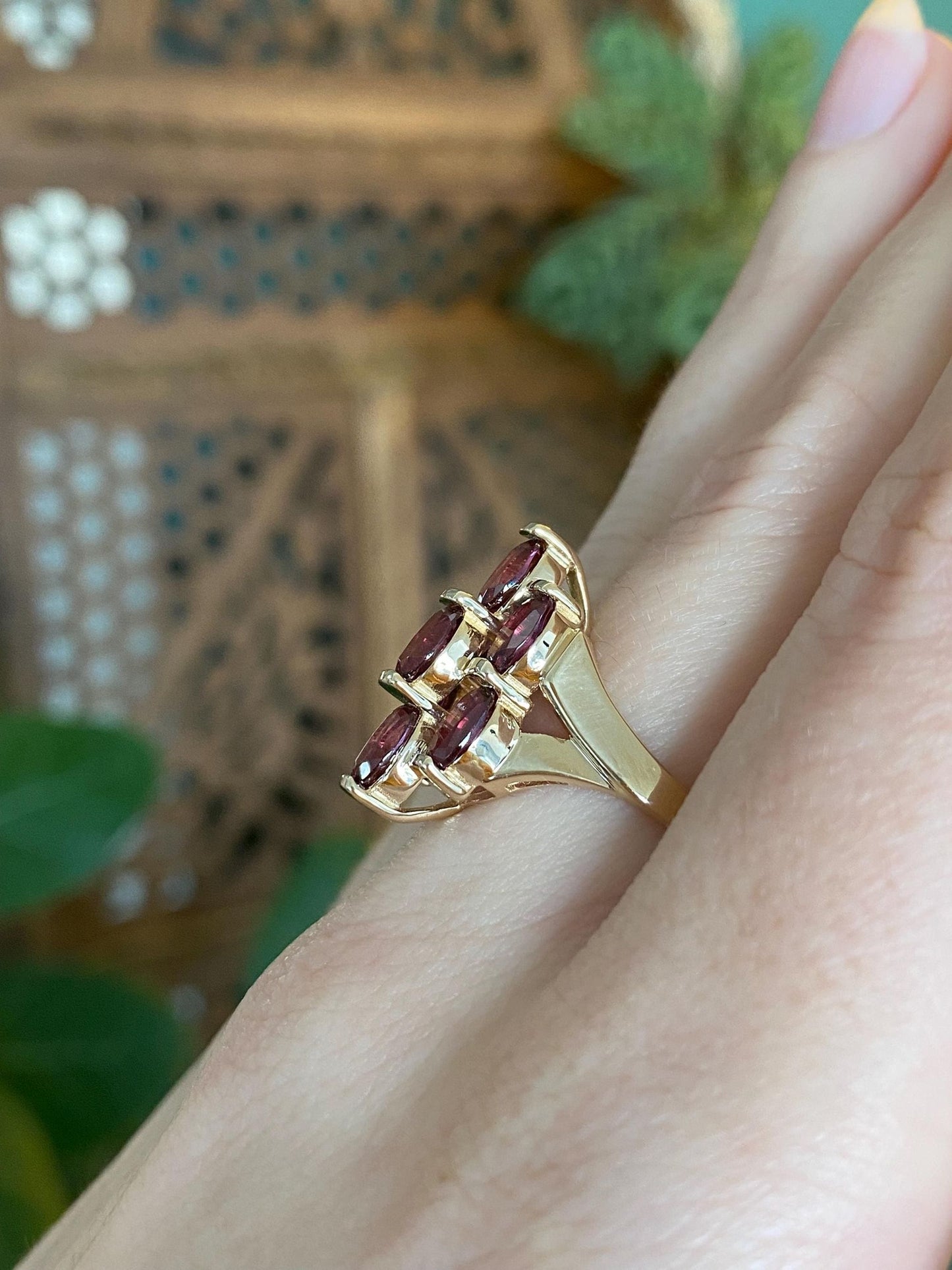 Vintage Solid 14k Yellow Gold Pink Tourmaline Cluster Ring - Size 7
