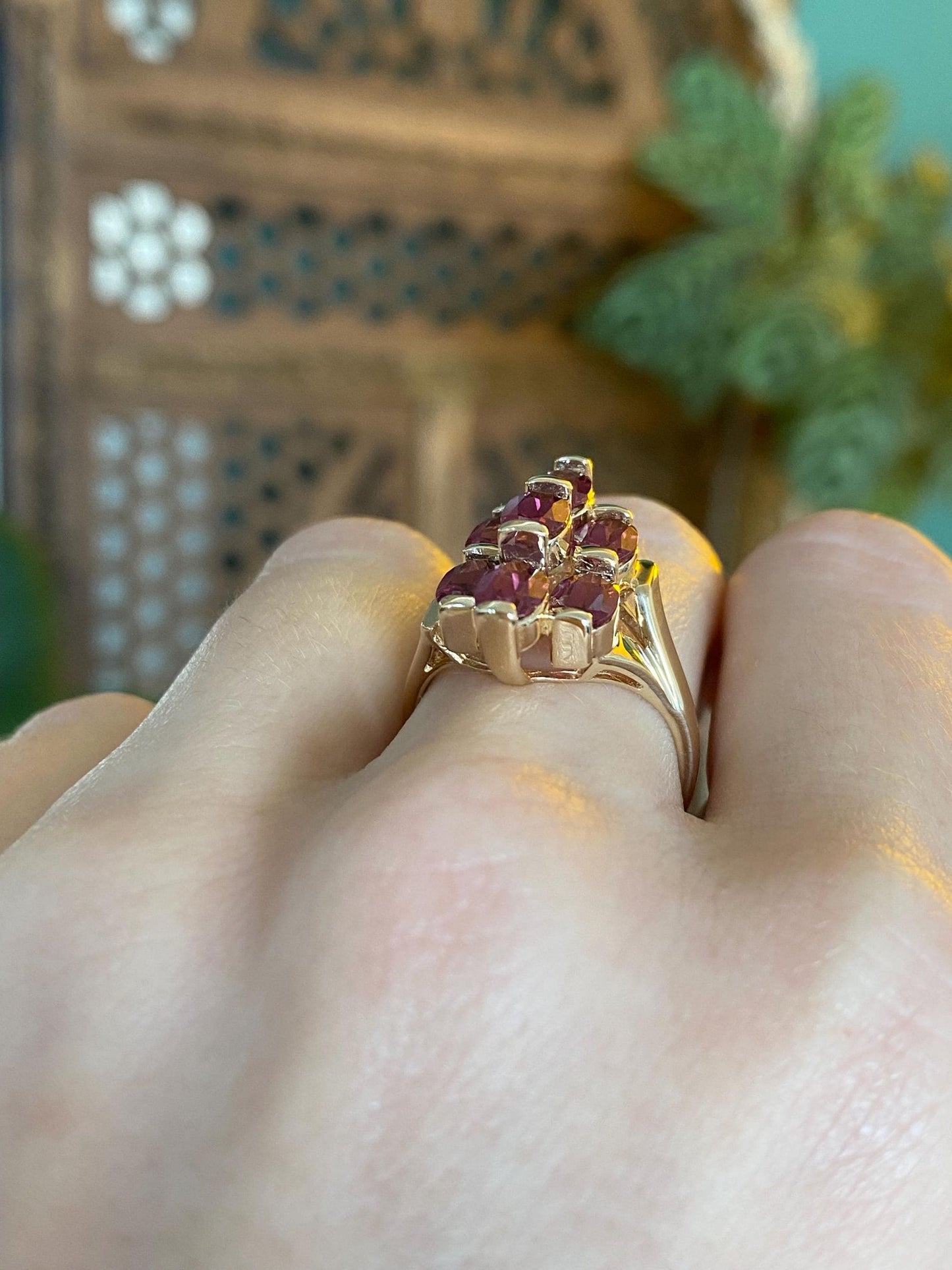 Vintage Solid 14k Yellow Gold Pink Tourmaline Cluster Ring - Size 7