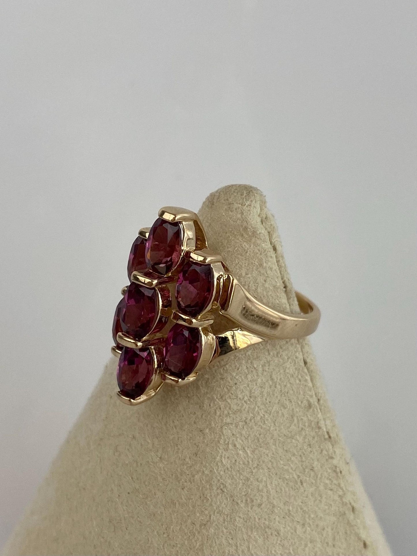 Vintage Solid 14k Yellow Gold Pink Tourmaline Cluster Ring - Size 7