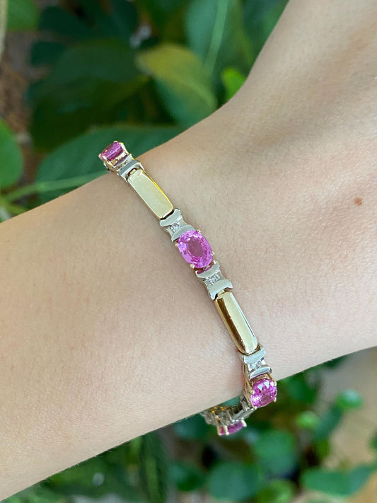 Vintage Solid 14k White & Yellow Gold Diamond Pink Sapphire Link Bracelet - 7.25 inches