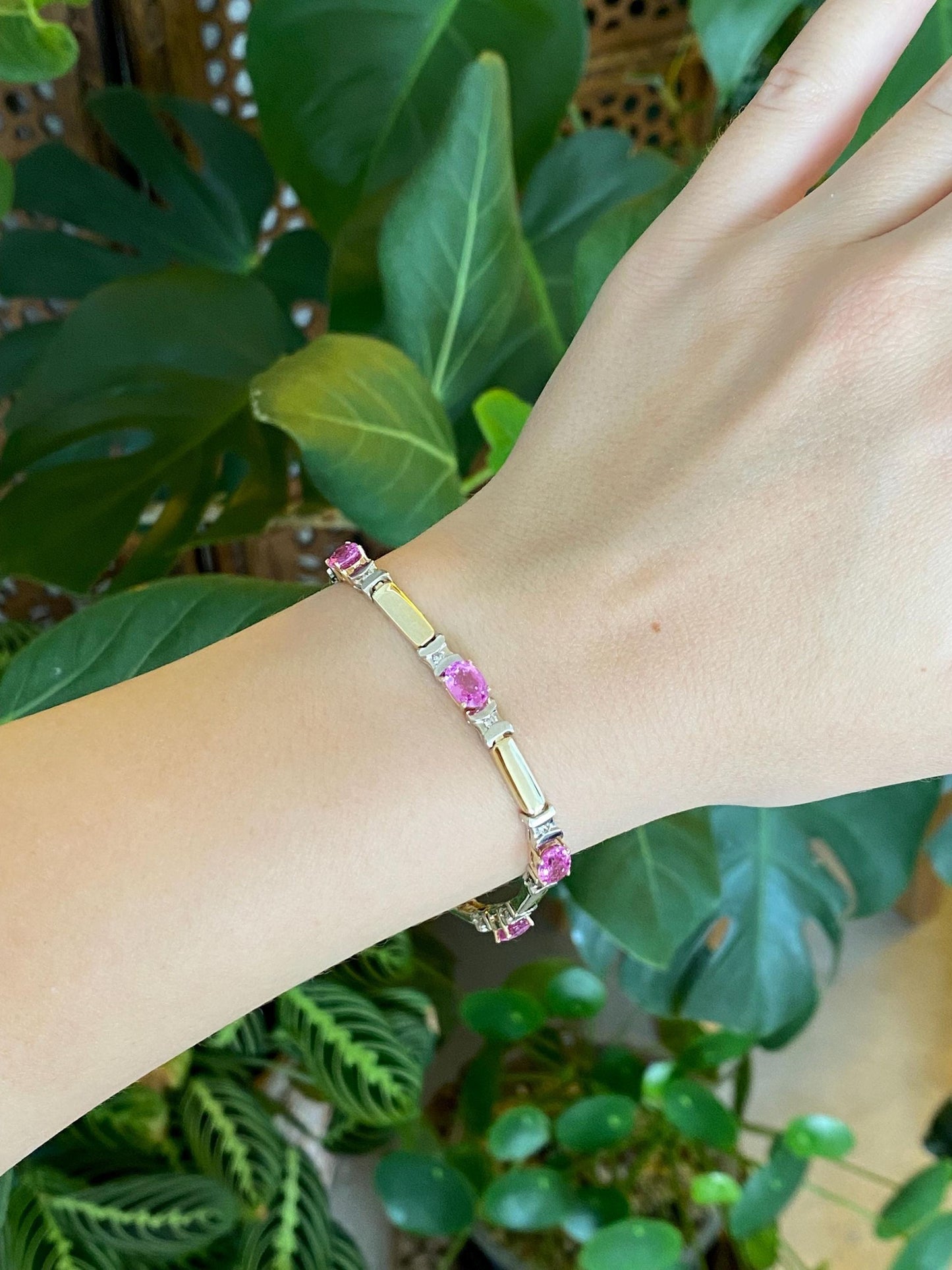 Vintage Solid 14k White & Yellow Gold Diamond Pink Sapphire Link Bracelet - 7.25 inches