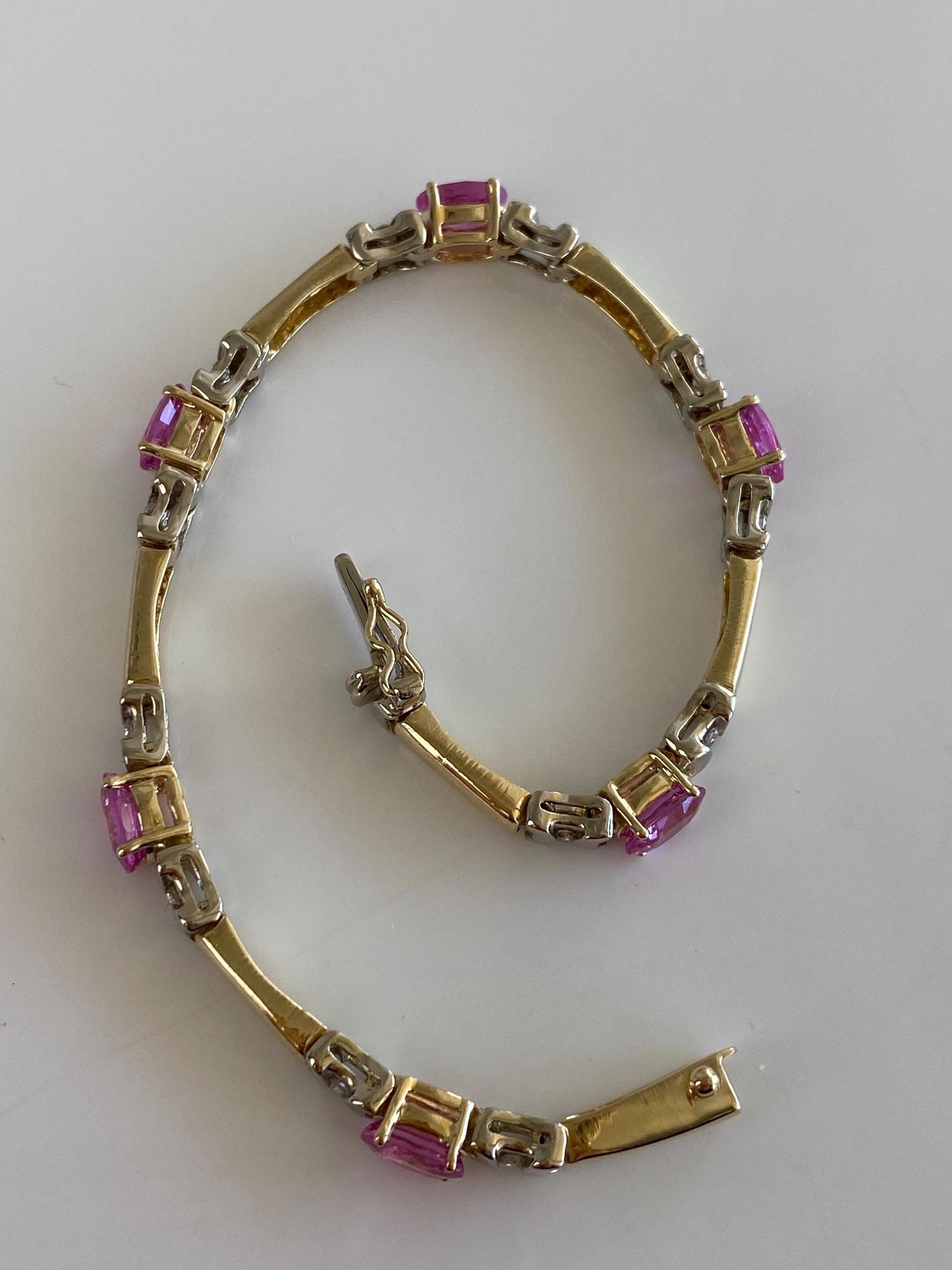 Vintage Solid 14k White & Yellow Gold Diamond Pink Sapphire Link Bracelet - 7.25 inches